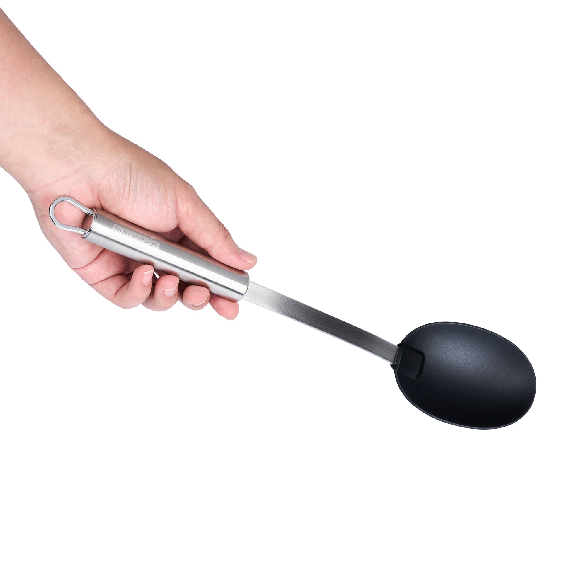 German Standard Black Nylon High Heat Solid Serving Spoon - with Stainless Steel Handle - 12 1/2'' x 2 1/2'' x 1 1/2'' - 1 count box
