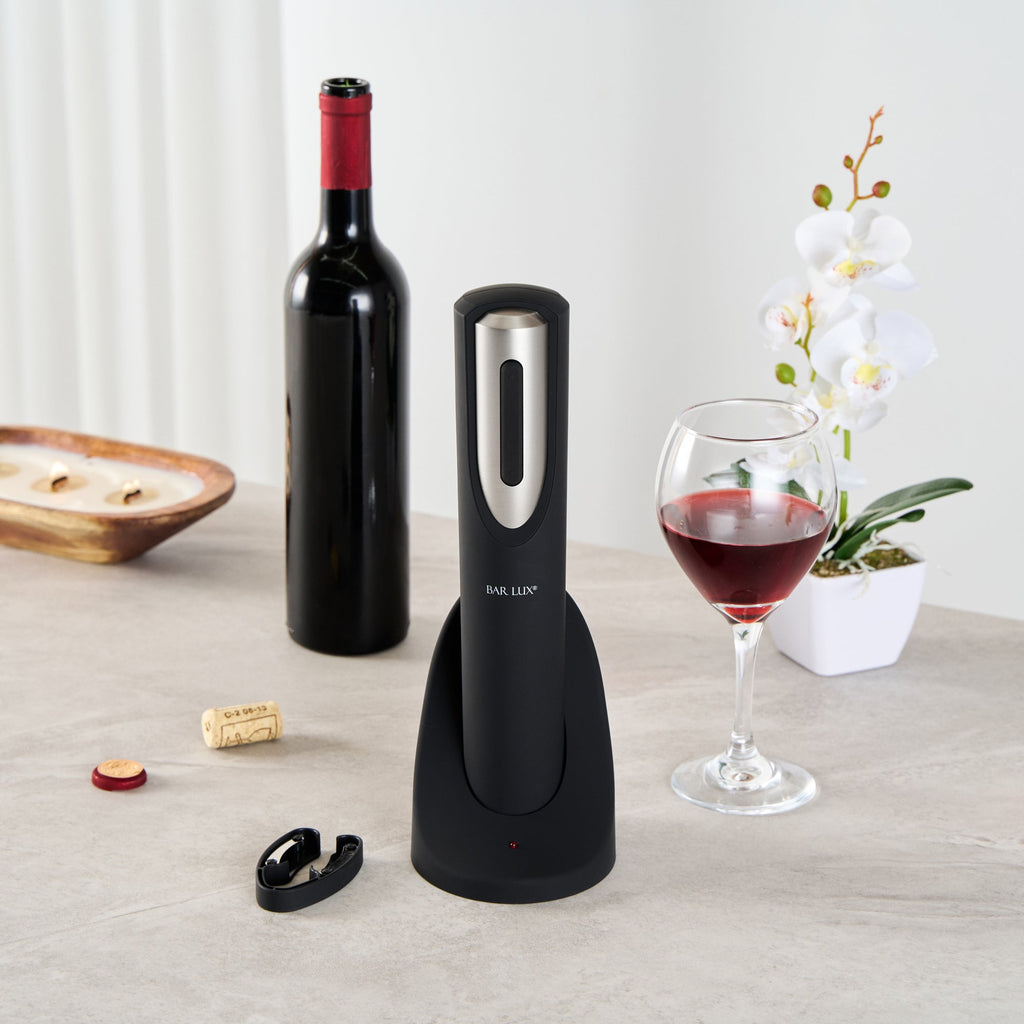 Bar Lux Black and Silver Electric Wine Opener - with Charging Base and Wine Foil Cutter - 1 count box
