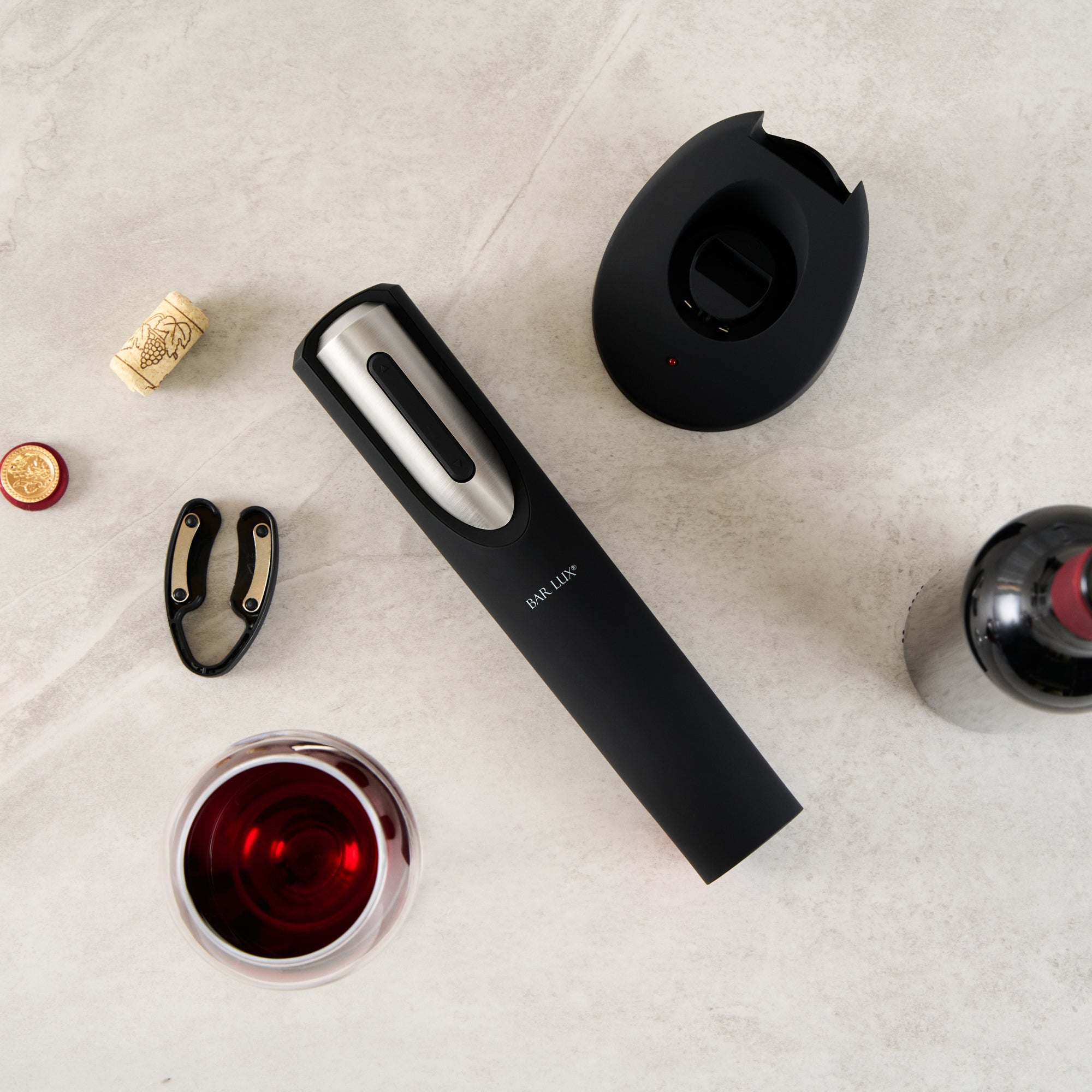 Bar Lux Black and Silver Electric Wine Opener - with Charging Base and Wine Foil Cutter - 1 count box