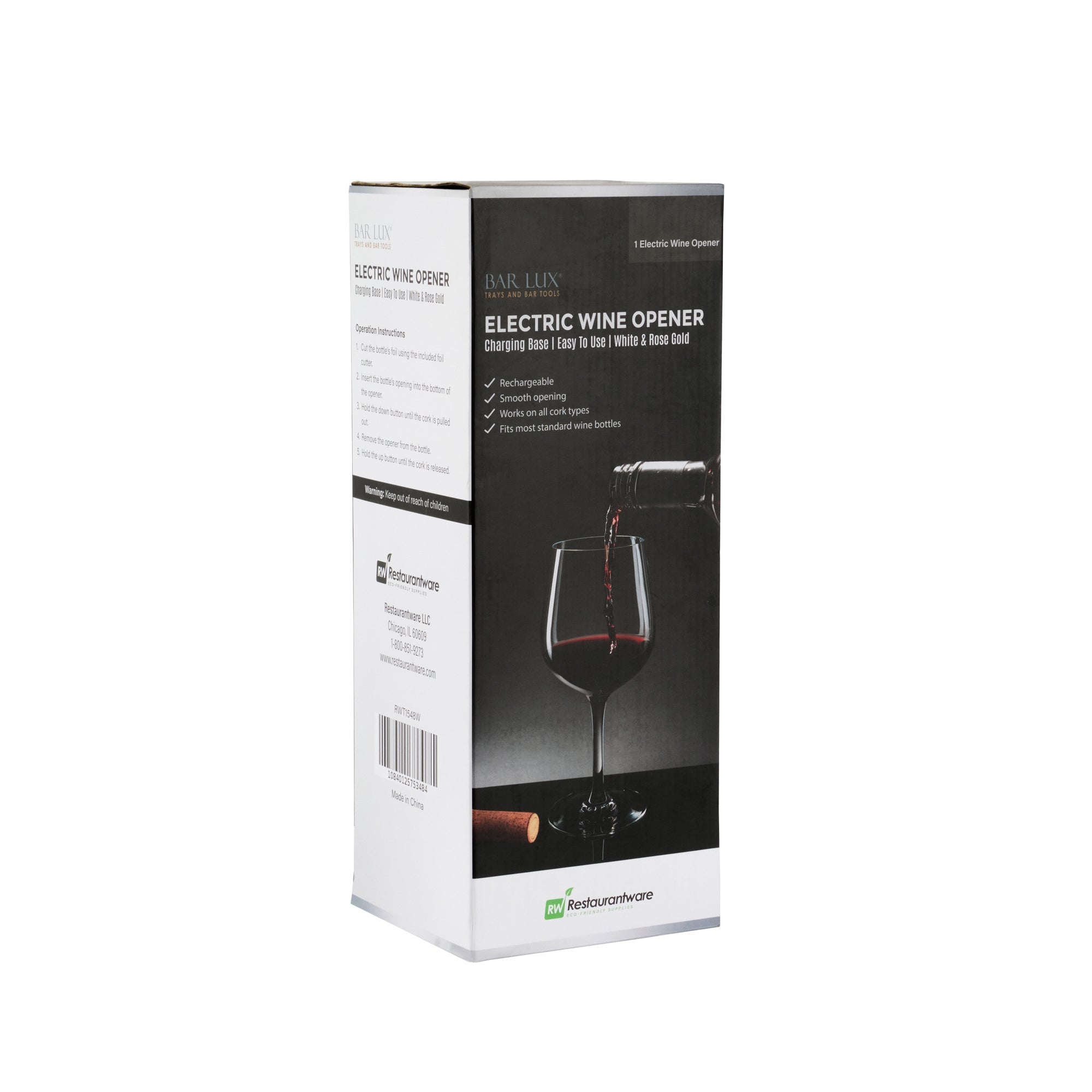 Bar Lux White and Rose Gold Electric Wine Opener - with Charging Base and Wine Foil Cutter - 1 count box