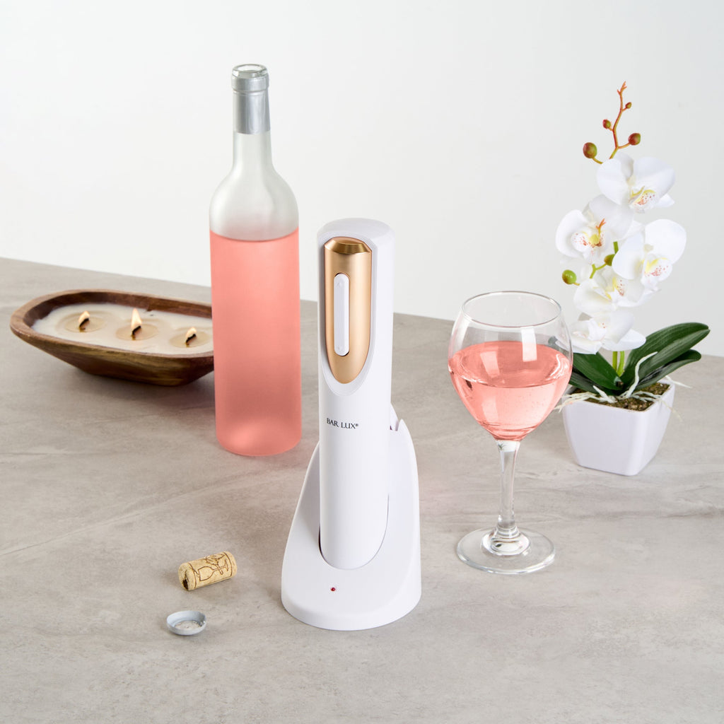 Bar Lux White and Rose Gold Electric Wine Opener - with Charging Base and Wine Foil Cutter - 1 count box