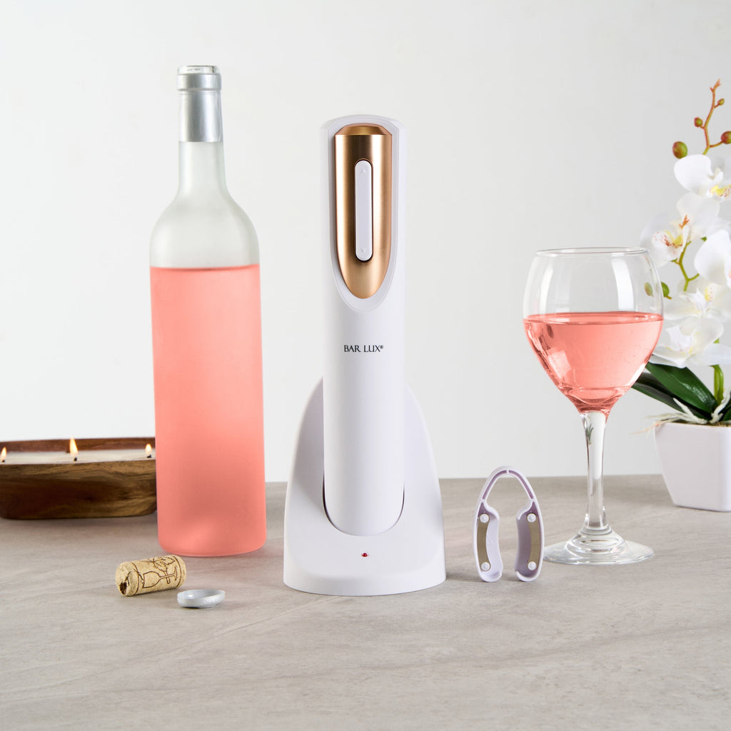 Bar Lux White and Rose Gold Electric Wine Opener - with Charging Base and Wine Foil Cutter - 1 count box