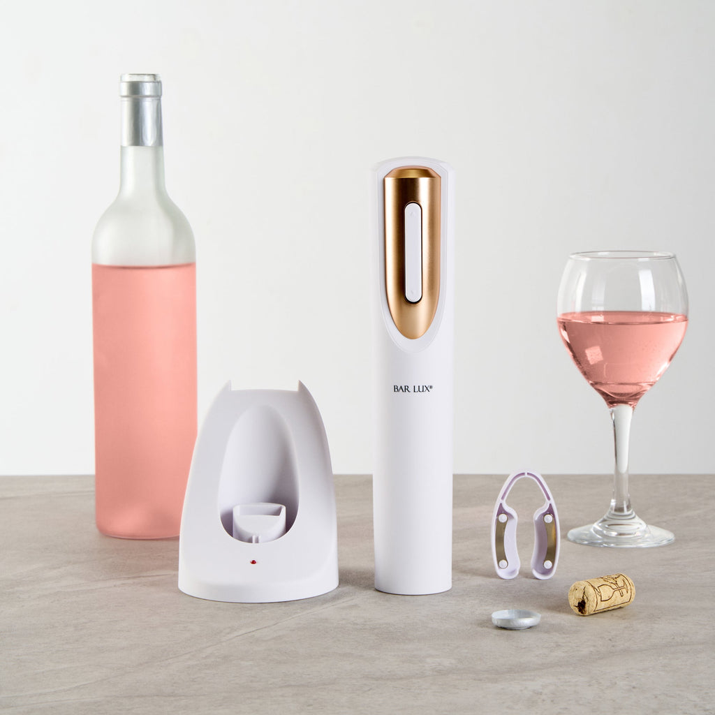 Bar Lux White and Rose Gold Electric Wine Opener - with Charging Base and Wine Foil Cutter - 1 count box