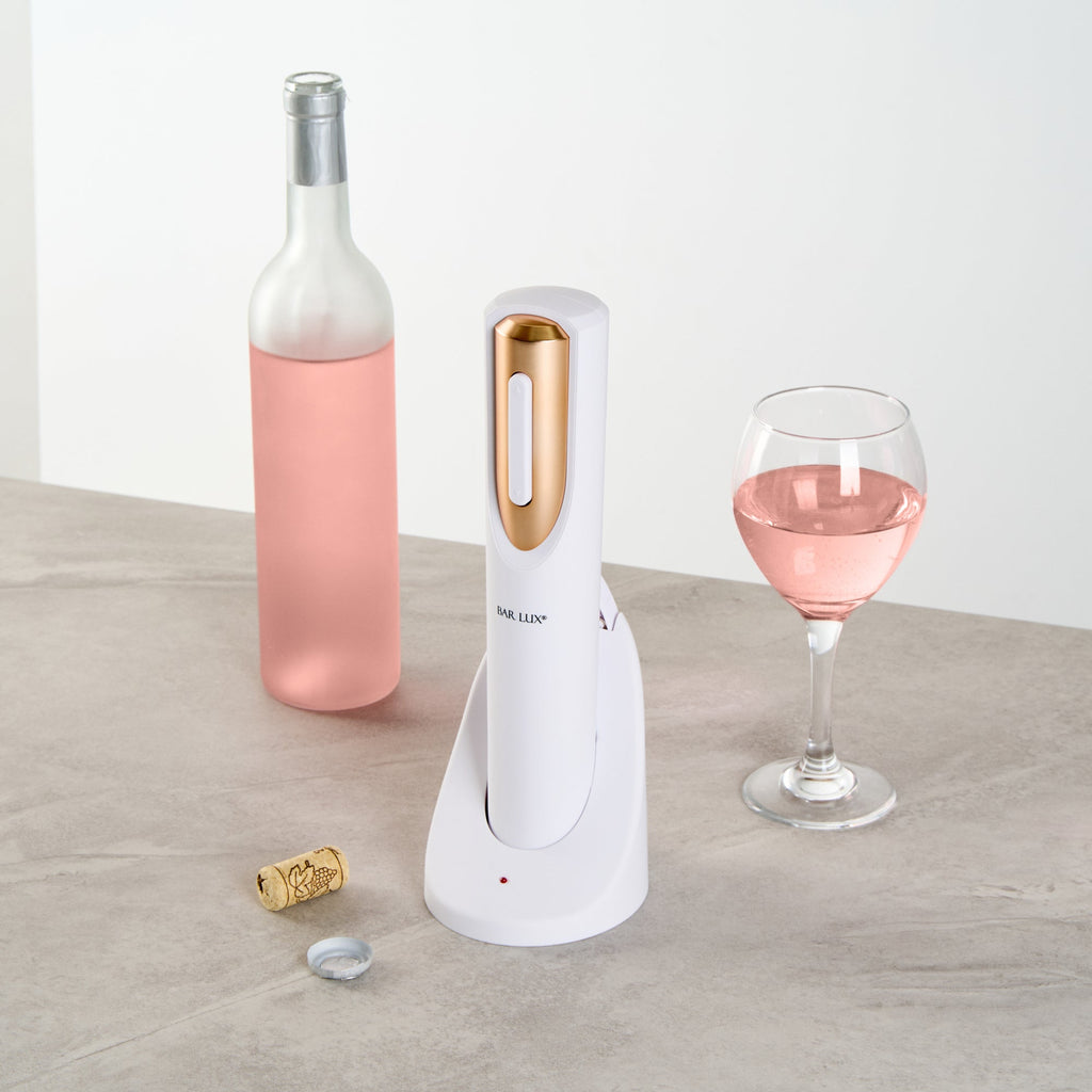 Bar Lux White and Rose Gold Electric Wine Opener - with Charging Base and Wine Foil Cutter - 1 count box