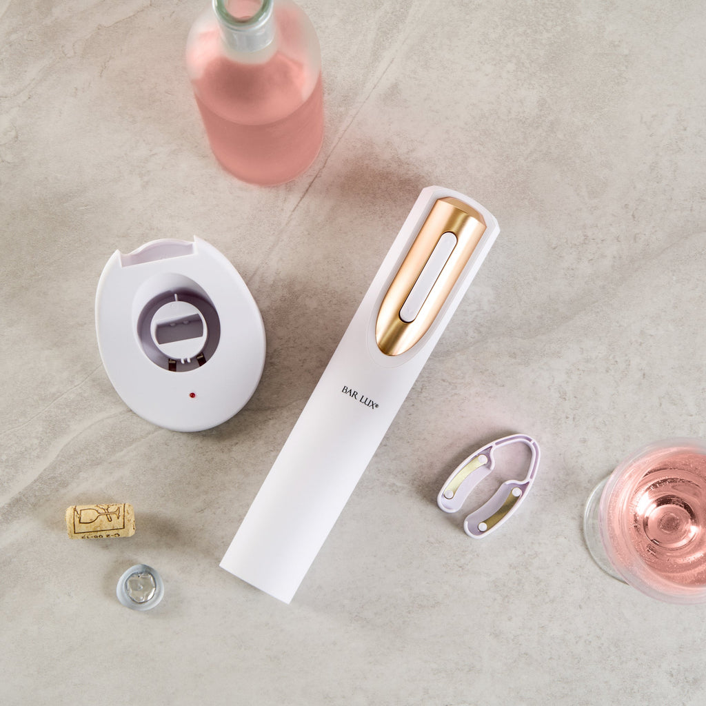 Bar Lux White and Rose Gold Electric Wine Opener - with Charging Base and Wine Foil Cutter - 1 count box