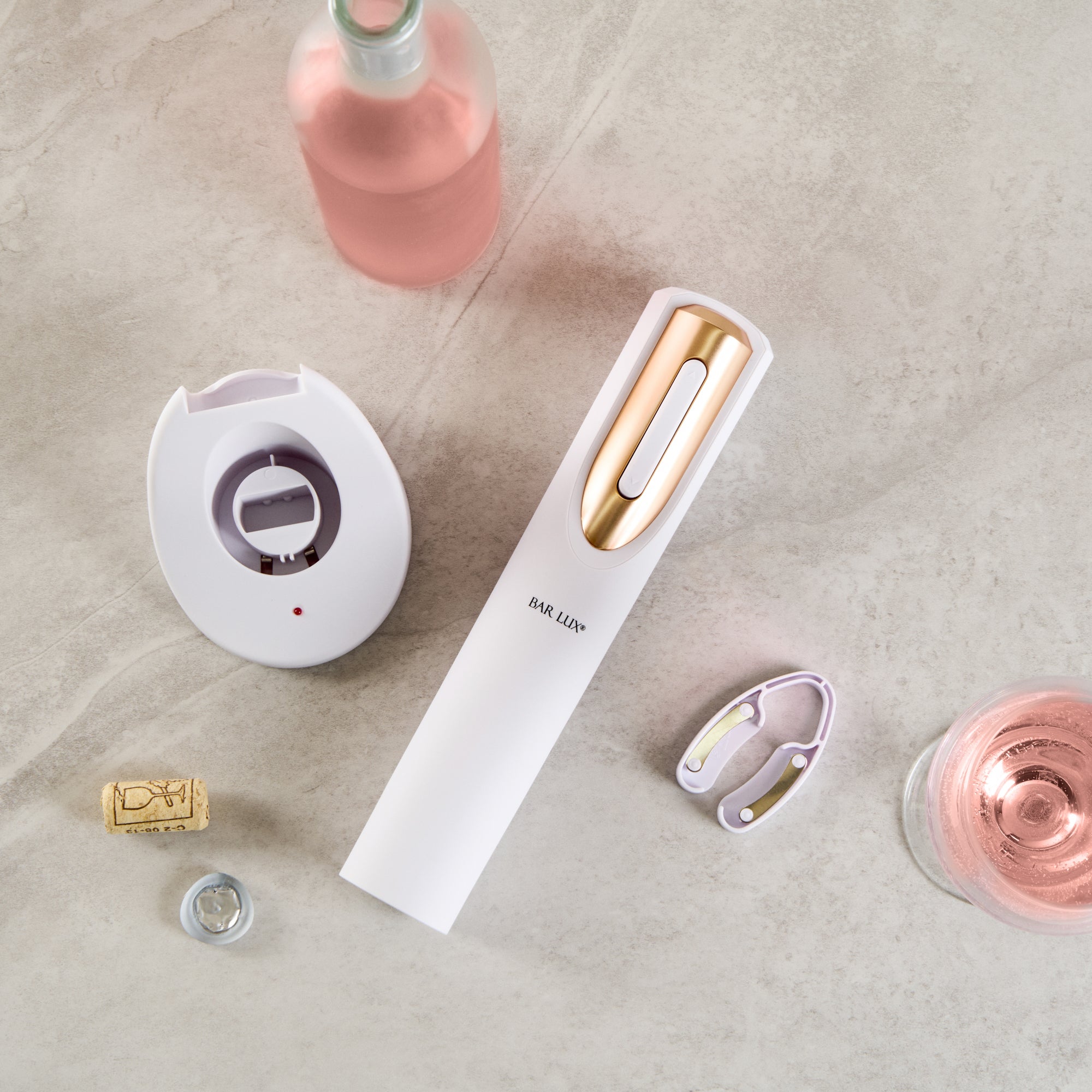 Bar Lux White and Rose Gold Electric Wine Opener - with Charging Base and Wine Foil Cutter - 1 count box