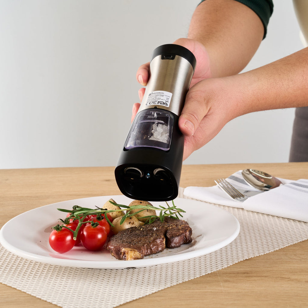 Met Lux Black 2-in-1 Electric Salt and Pepper Grinder - Battery-Operated, with LED Light - 2 3/4'' x 2 3/4'' x 7 3/4'' - 1 count box