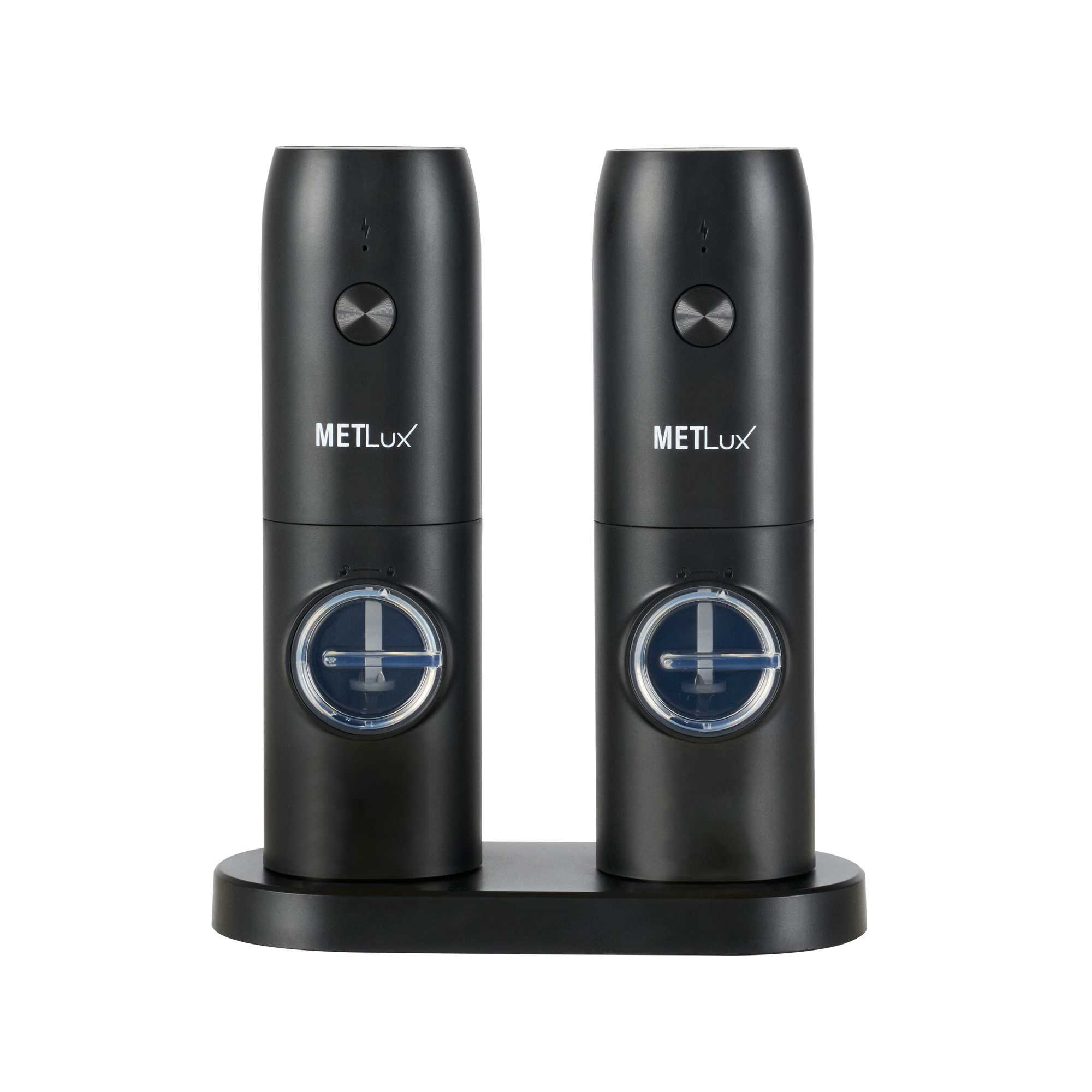 Met Lux Black Electric Salt and Pepper Grinder Set - with Charging Base and LED Light - 6 1/2'' x 2 3/4'' x 7 3/4'' - 1 count box