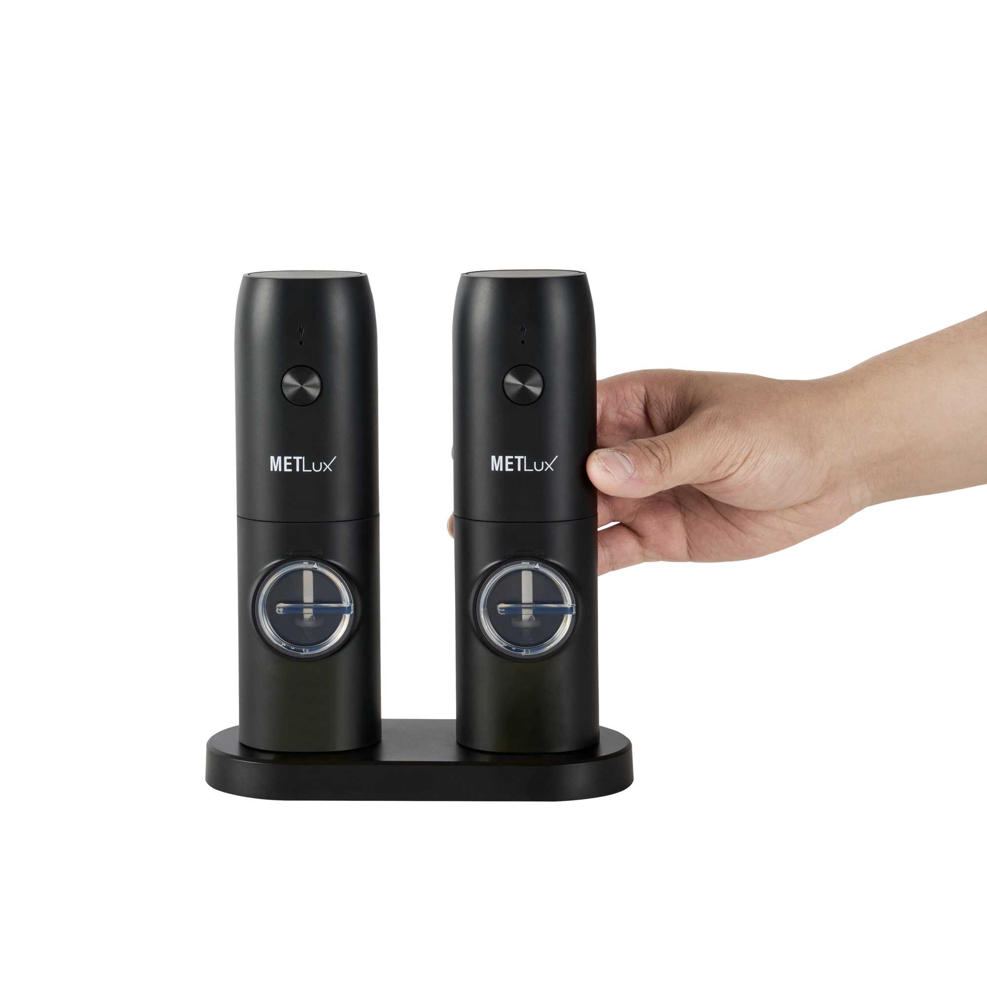 Met Lux Black Electric Salt and Pepper Grinder Set - with Charging Base and LED Light - 6 1/2'' x 2 3/4'' x 7 3/4'' - 1 count box