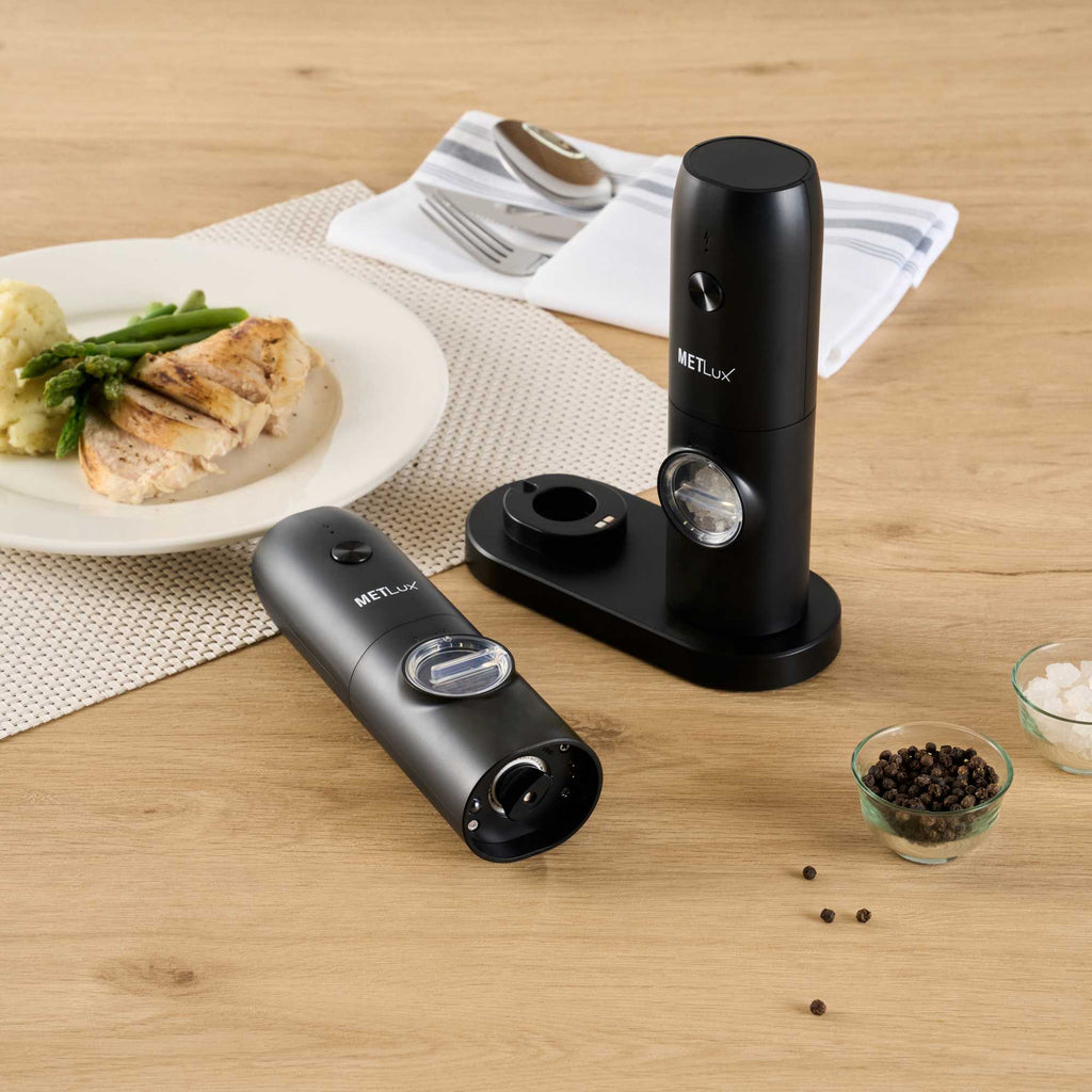 Met Lux Black Electric Salt and Pepper Grinder Set - with Charging Base and LED Light - 6 1/2'' x 2 3/4'' x 7 3/4'' - 1 count box