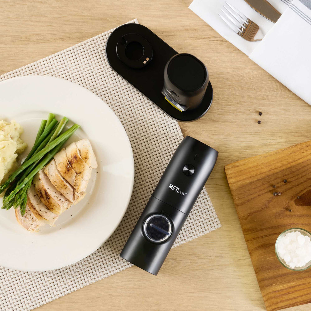 Met Lux Black Electric Salt and Pepper Grinder Set - with Charging Base and LED Light - 6 1/2'' x 2 3/4'' x 7 3/4'' - 1 count box