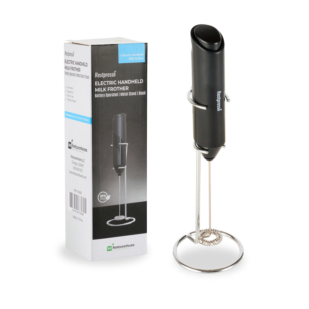 Restpresso Black Electric Handheld Milk Frother - Battery-Operated, with Stand - 1'' x 1 1/2'' x 8 1/2'' - 1 count box