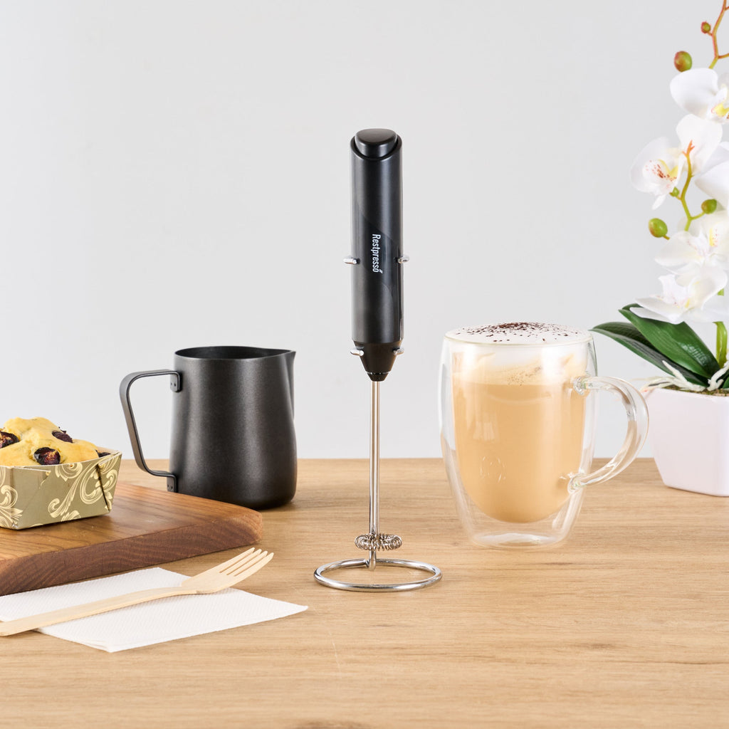 Restpresso Black Electric Handheld Milk Frother - Battery-Operated, with Stand - 1'' x 1 1/2'' x 8 1/2'' - 1 count box