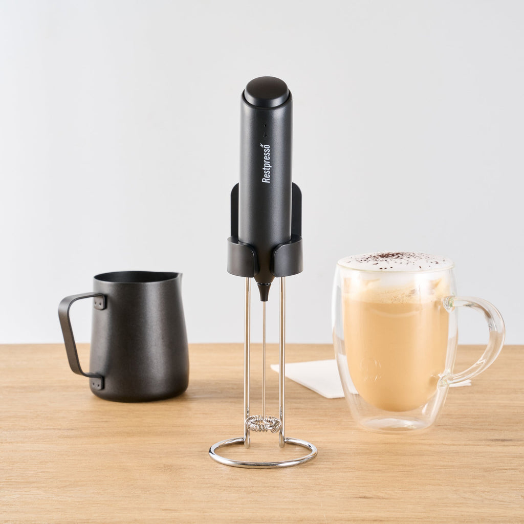 Restpresso Black Electric Handheld Milk Frother - with Charging Stand - 1 1/4'' x 1 1/4'' x 9'' - 1 count box