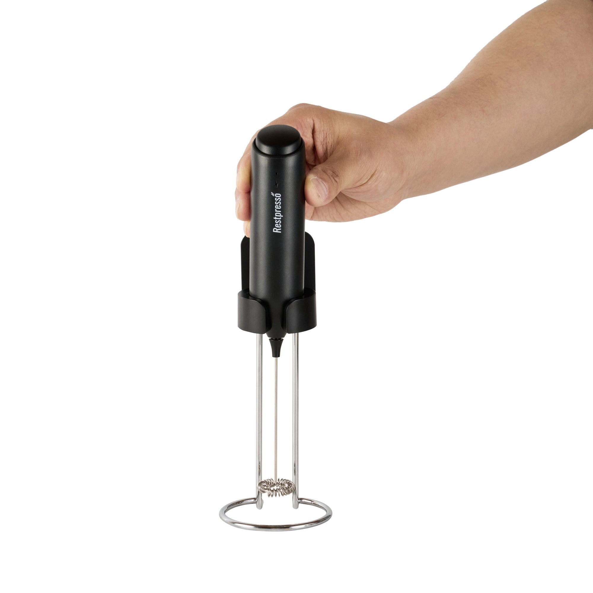 Restpresso Black Electric Handheld Milk Frother - with Charging Stand - 1 1/4'' x 1 1/4'' x 9'' - 1 count box