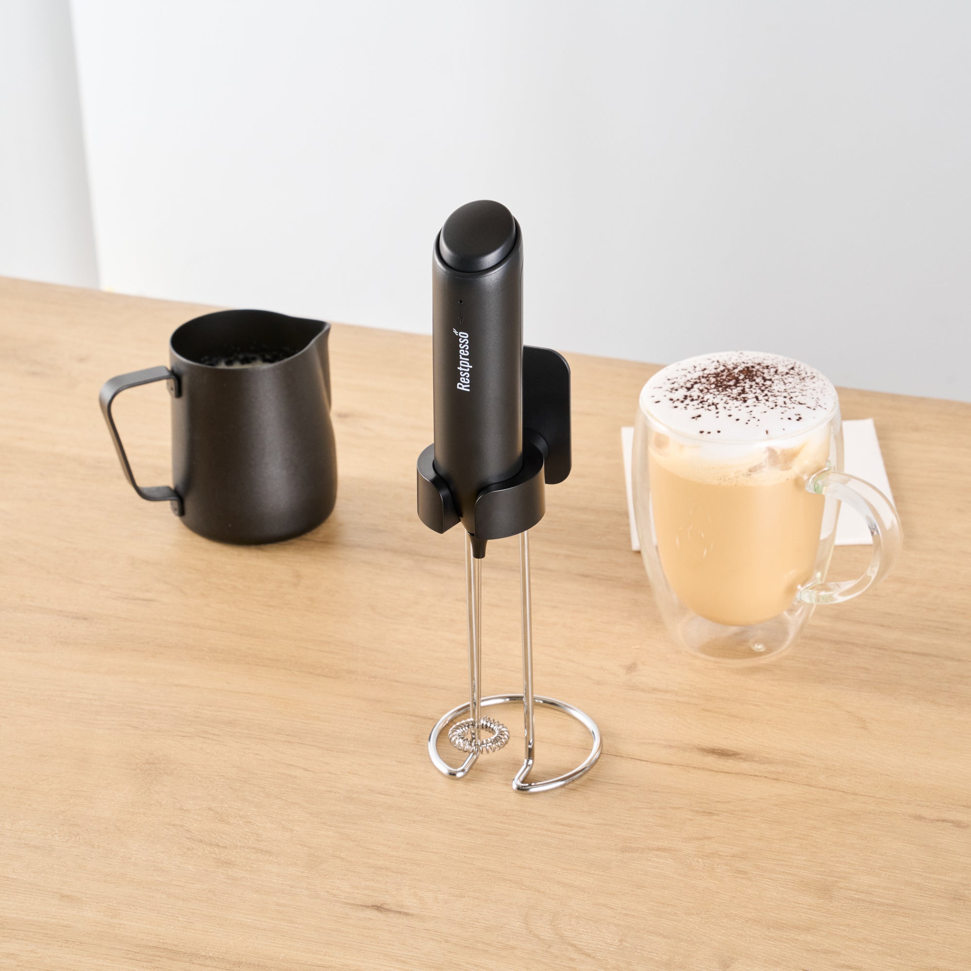 Restpresso Black Electric Handheld Milk Frother - with Charging Stand - 1 1/4'' x 1 1/4'' x 9'' - 1 count box