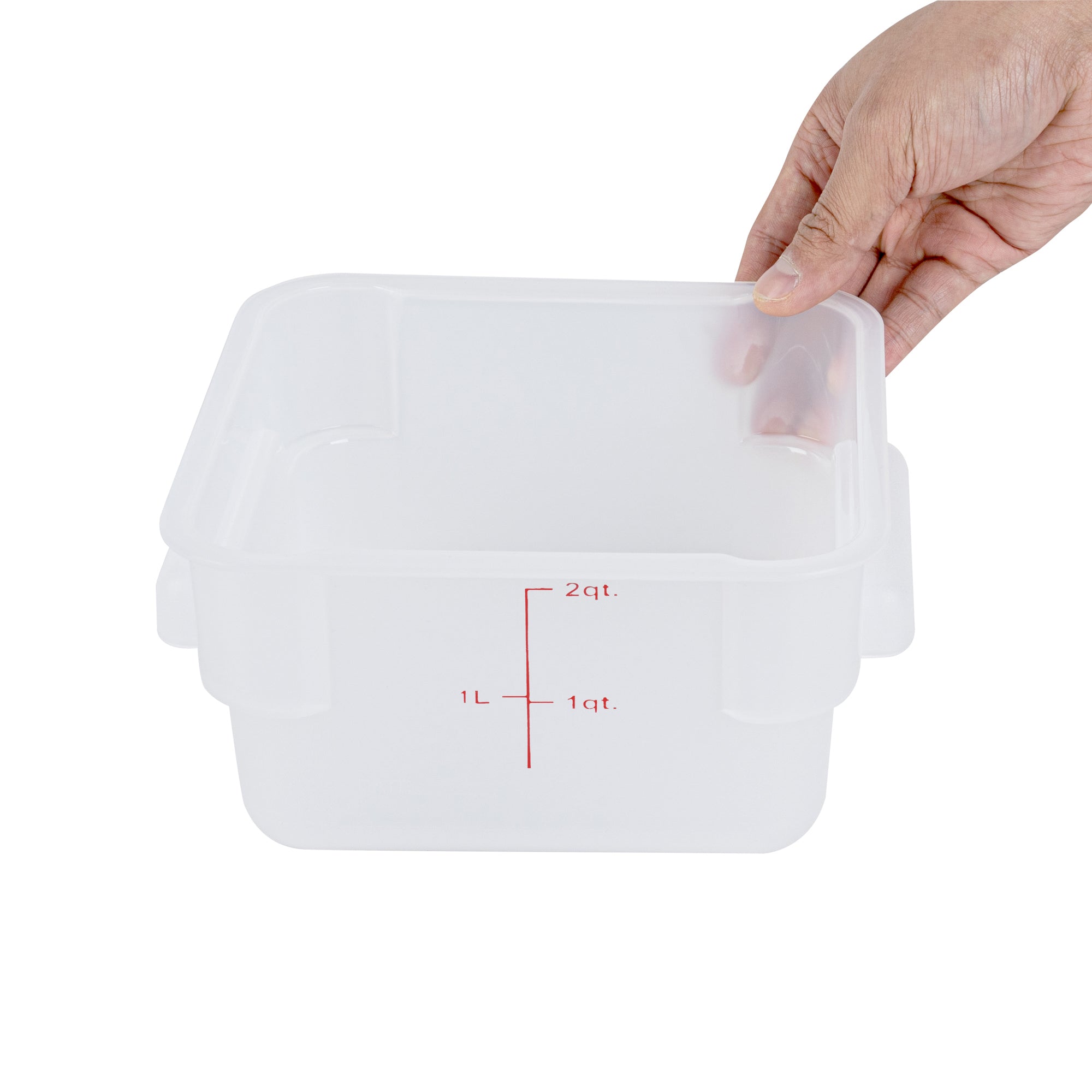 Met Lux 2 qt Square Translucent Plastic Food Storage Container - with Red Volume Markers - 7" x 7" x 4" - 10 count box