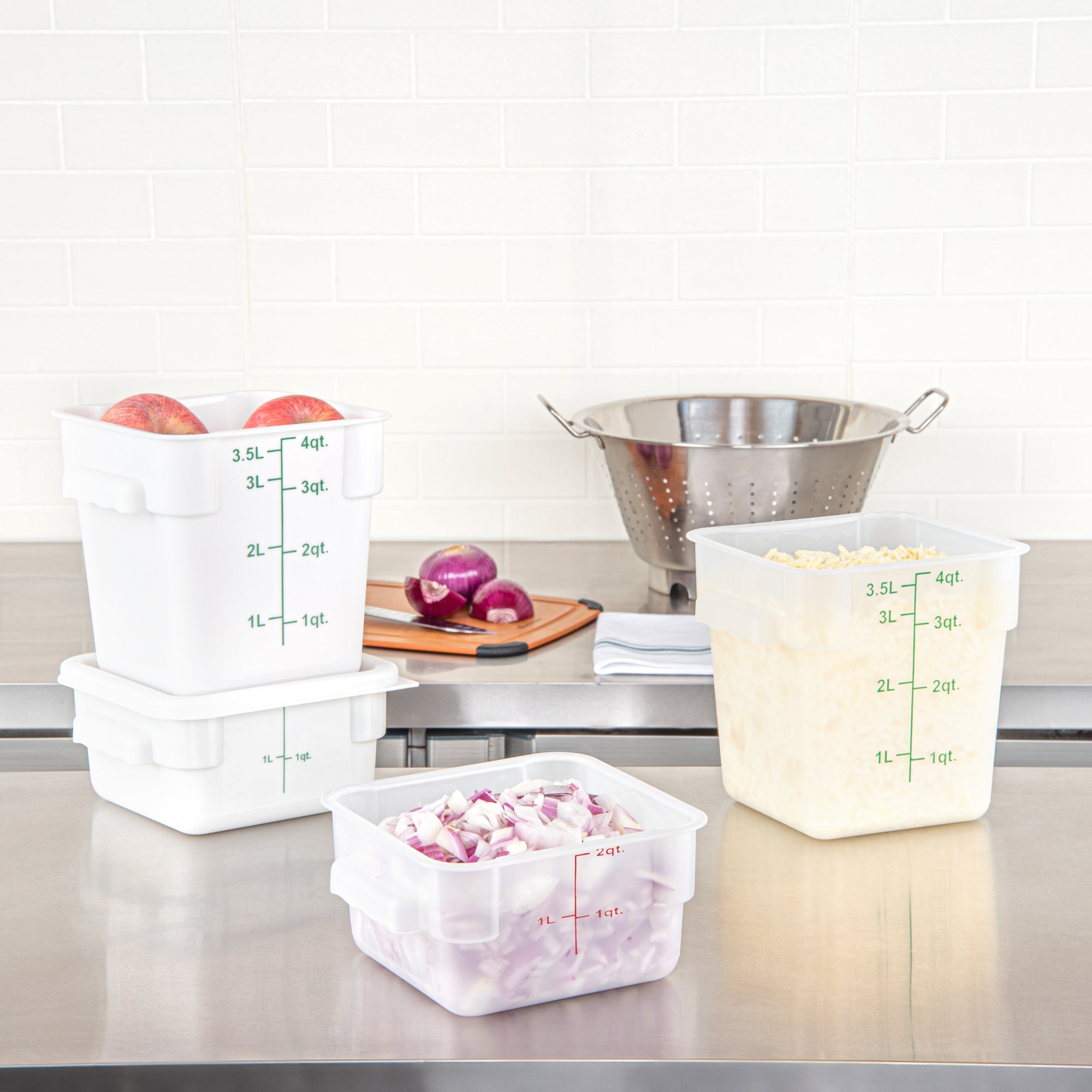 Met Lux 2 qt Square Translucent Plastic Food Storage Container - with Red Volume Markers - 7" x 7" x 4" - 10 count box