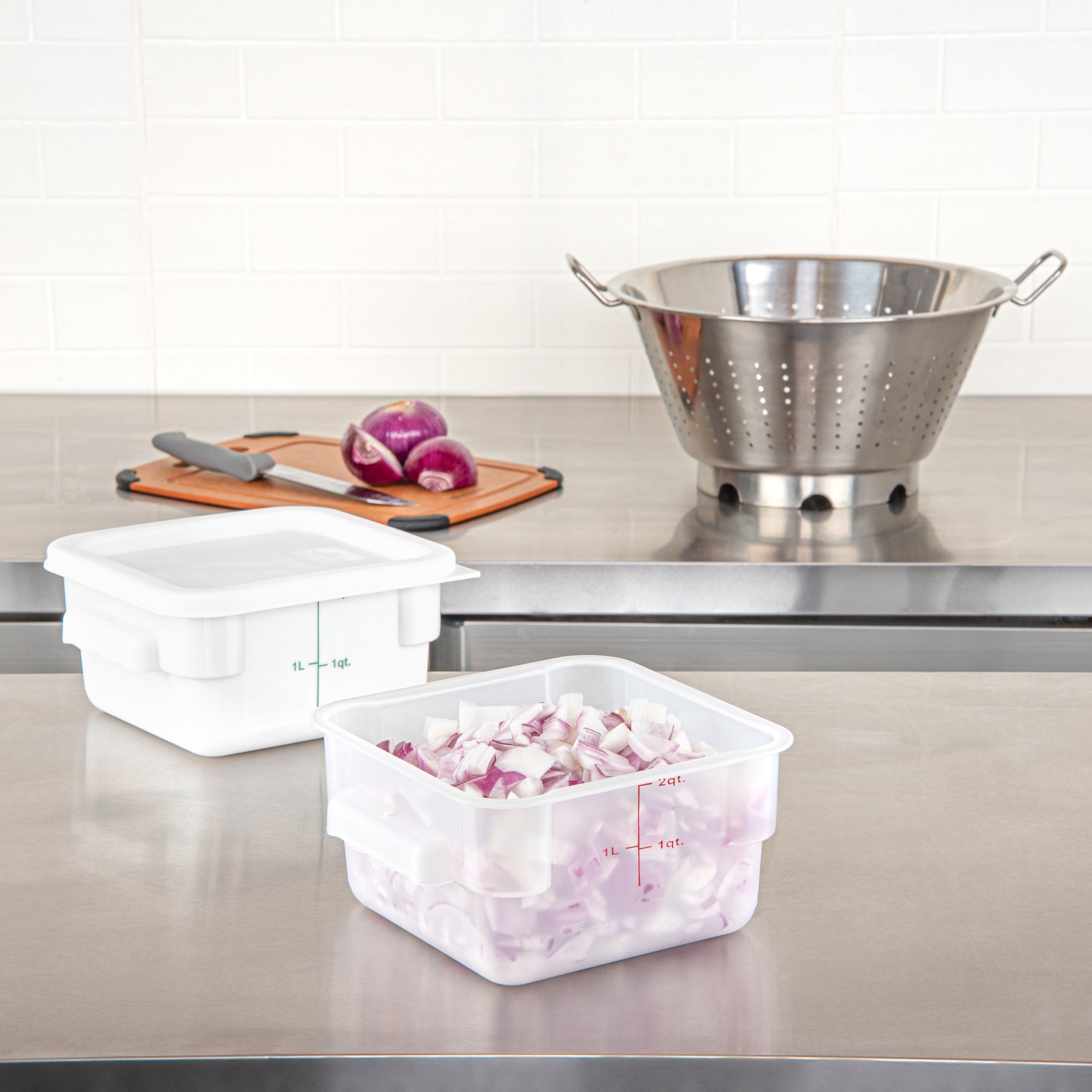 Met Lux 2 qt Square Translucent Plastic Food Storage Container - with Red Volume Markers - 7" x 7" x 4" - 10 count box