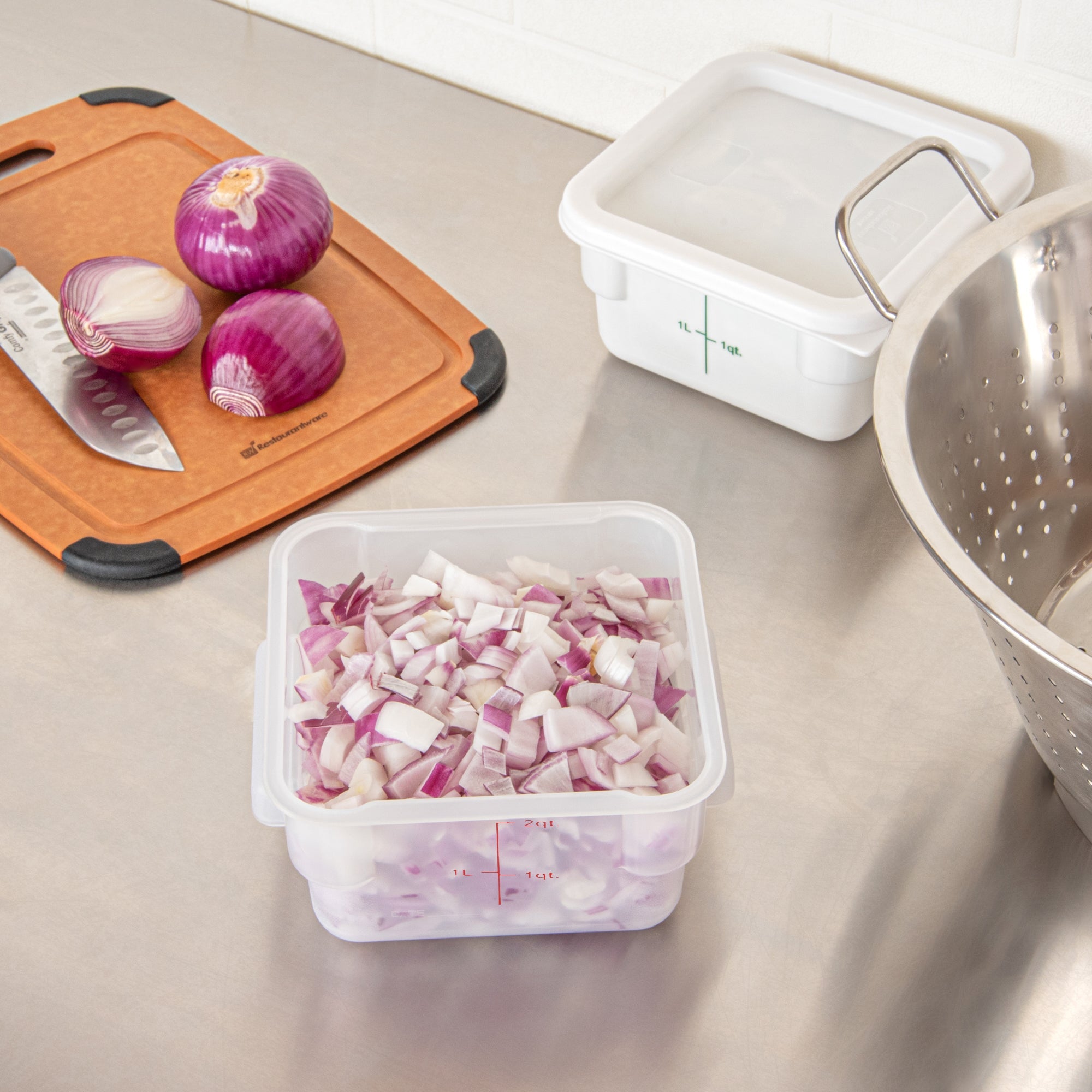 Met Lux 2 qt Square Translucent Plastic Food Storage Container - with Red Volume Markers - 7" x 7" x 4" - 10 count box