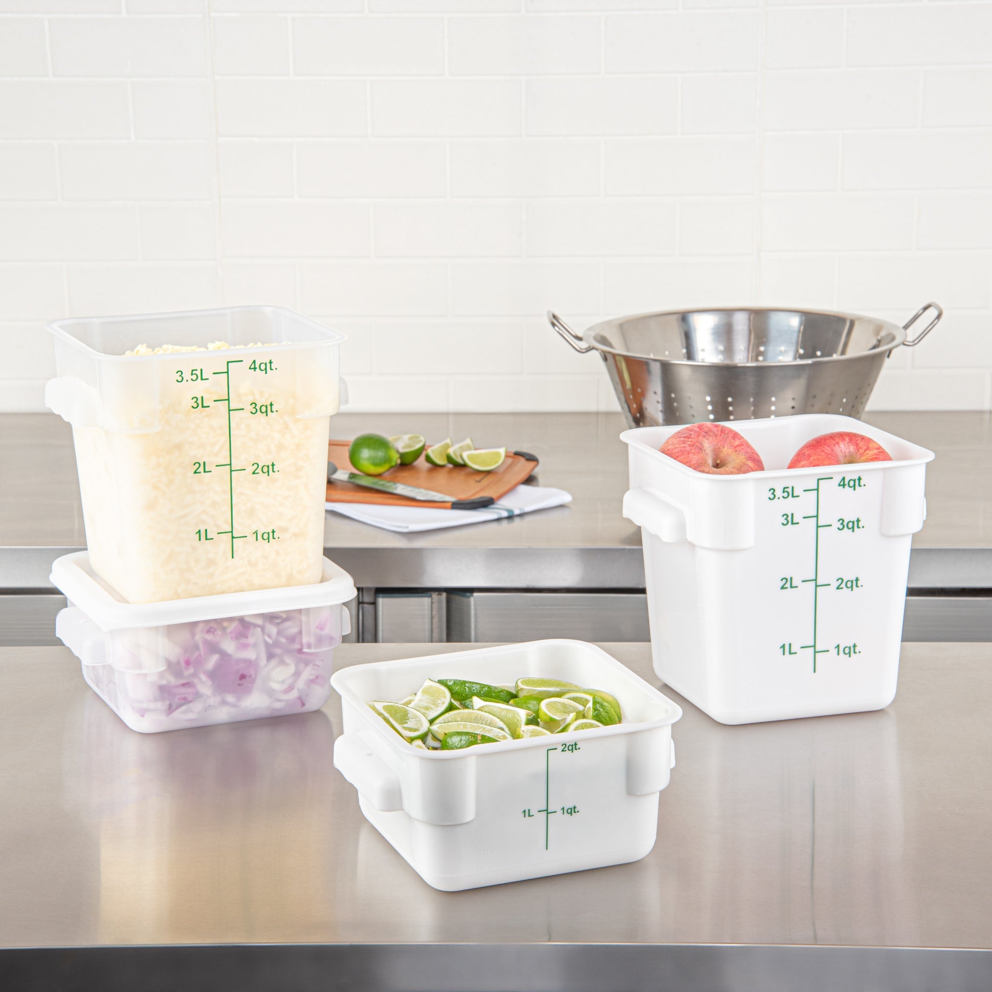 Met Lux 2 qt Square White Plastic Food Storage Container - with Green Volume Markers - 7" x 7" x 4" - 1 count box