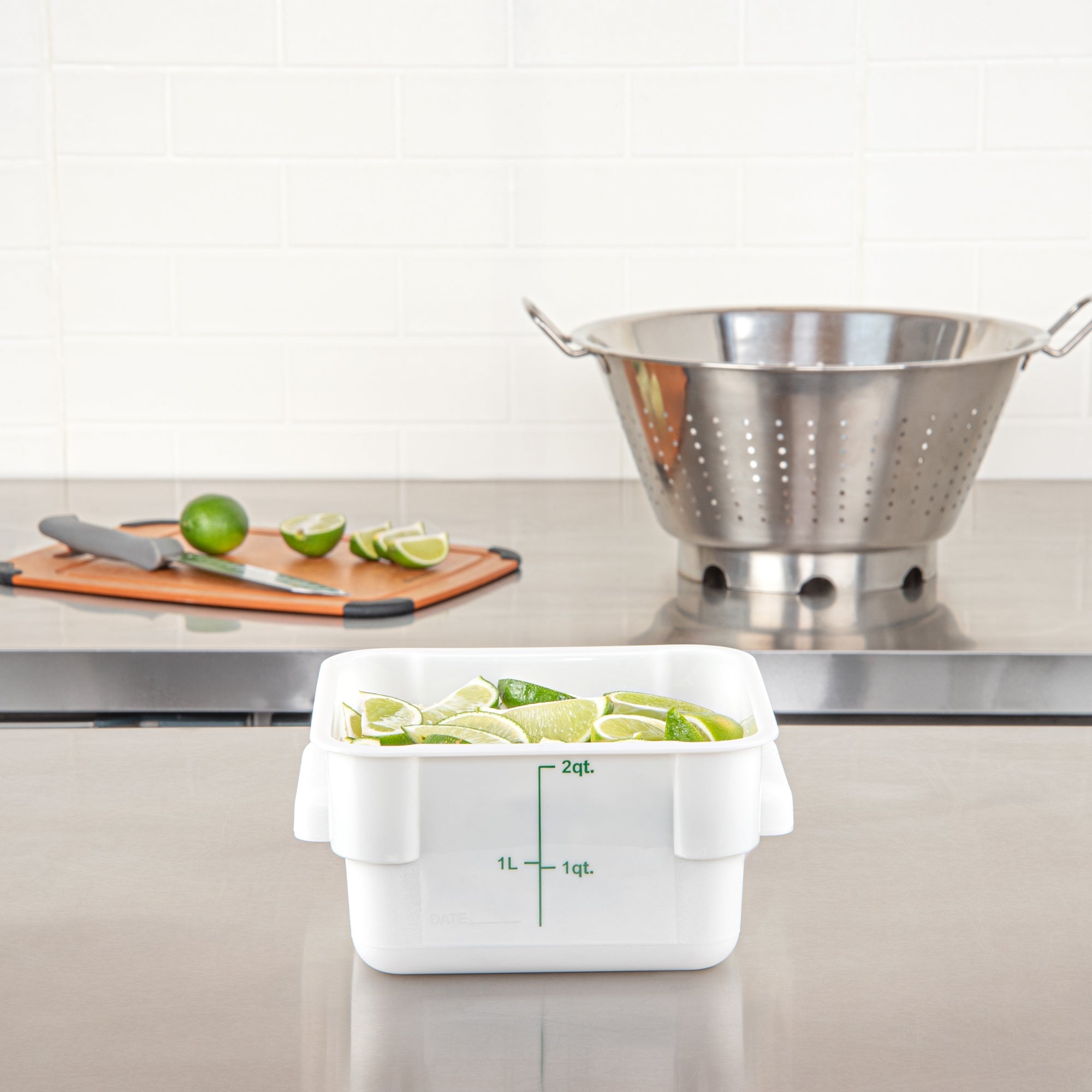 Met Lux 2 qt Square White Plastic Food Storage Container - with Green Volume Markers - 7" x 7" x 4" - 1 count box