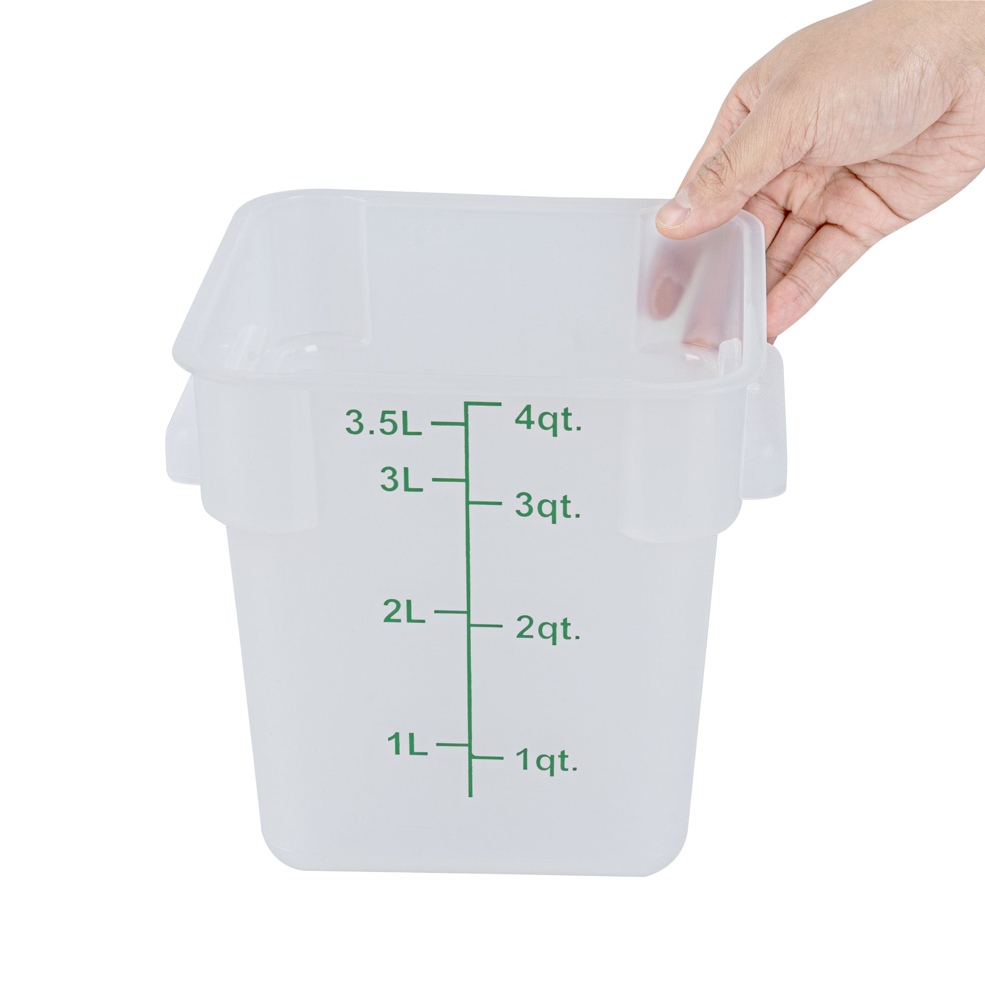 Met Lux 4 qt Square Translucent Plastic Food Storage Container - with Green Volume Markers - 7" x 7" x 7 1/2" - 1 count box