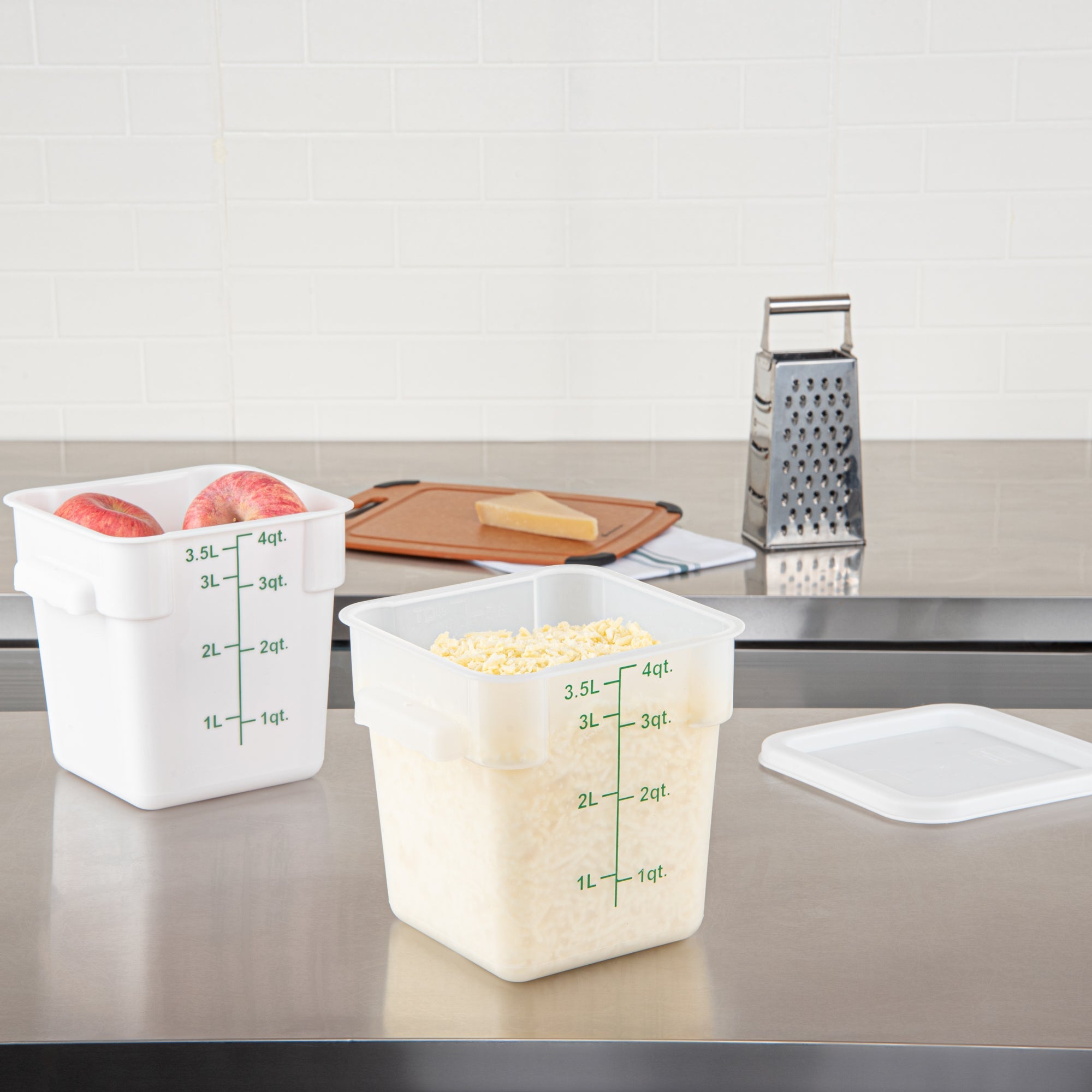 Met Lux 4 qt Square Translucent Plastic Food Storage Container - with Green Volume Markers - 7" x 7" x 7 1/2" - 10 count box