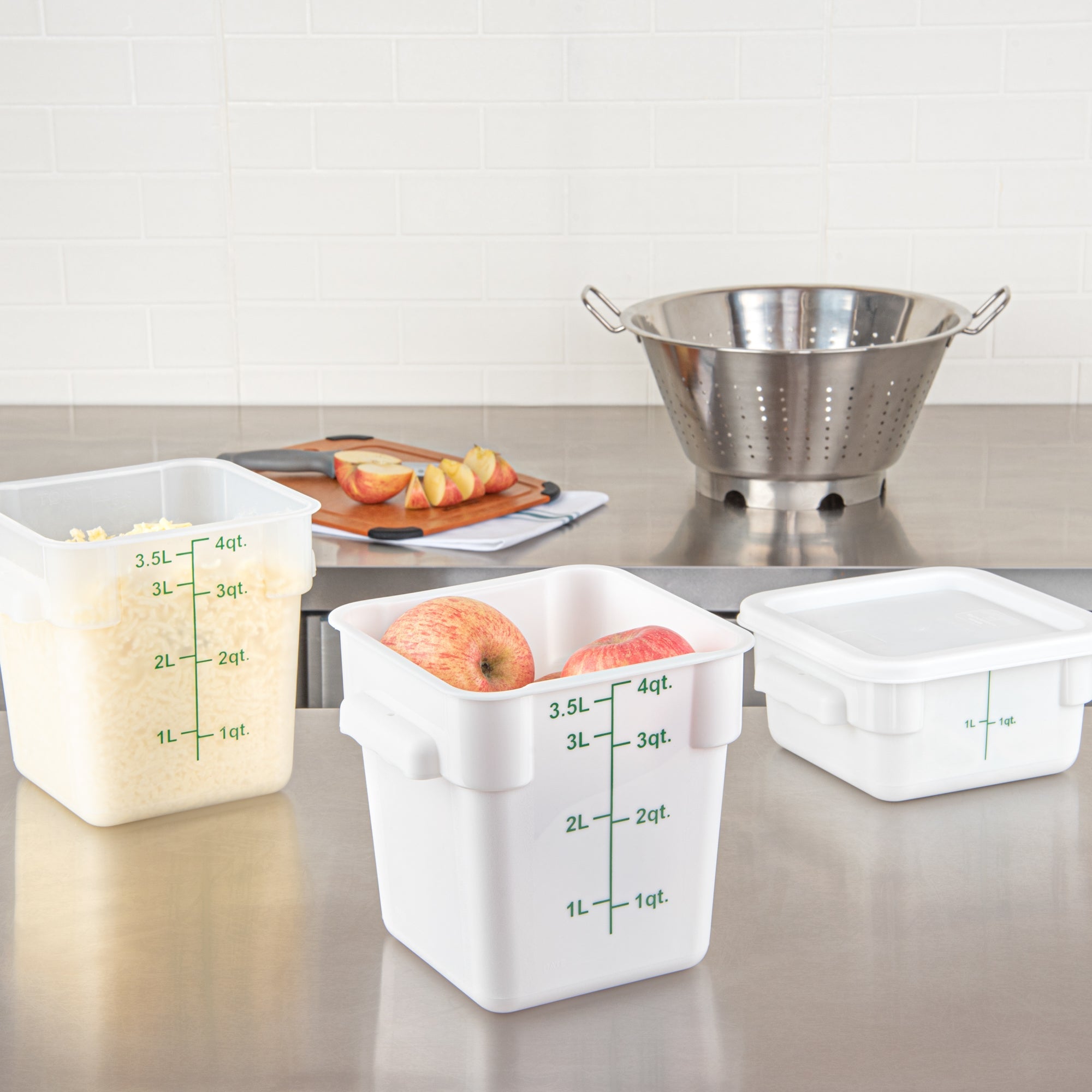 Met Lux 4 qt Square White Plastic Food Storage Container - with Green Volume Markers - 7" x 7" x 7 1/2" - 1 count box