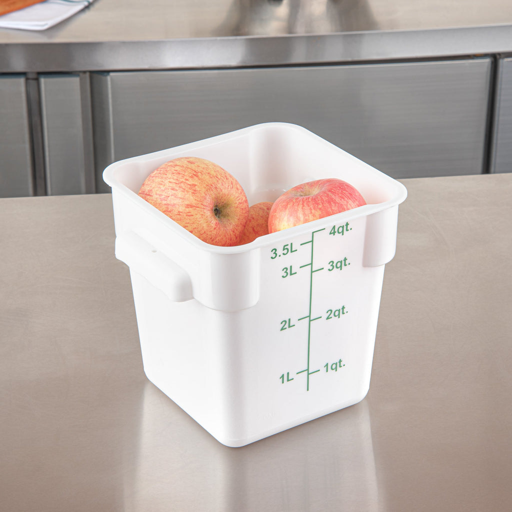Met Lux 4 qt Square White Plastic Food Storage Container - with Green Volume Markers - 7" x 7" x 7 1/2" - 1 count box