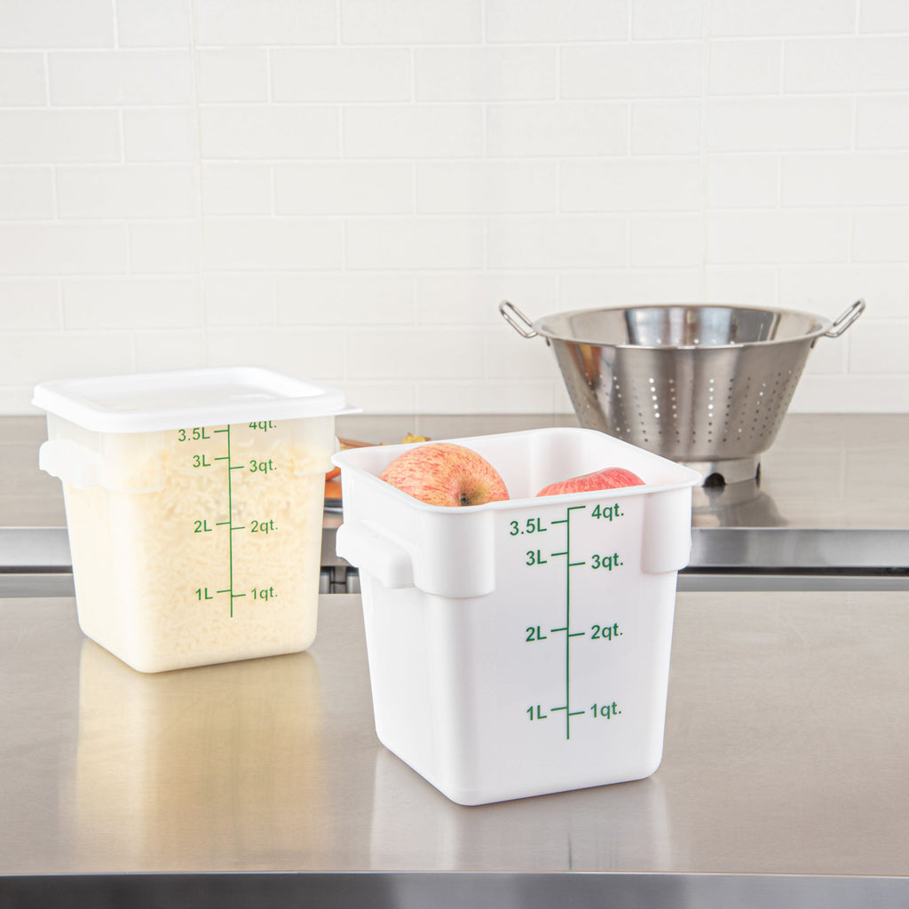 Met Lux 4 qt Square White Plastic Food Storage Container - with Green Volume Markers - 7" x 7" x 7 1/2" - 10 count box