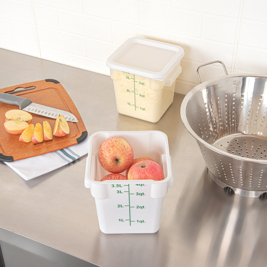 Met Lux 4 qt Square White Plastic Food Storage Container - with Green Volume Markers - 7" x 7" x 7 1/2" - 10 count box
