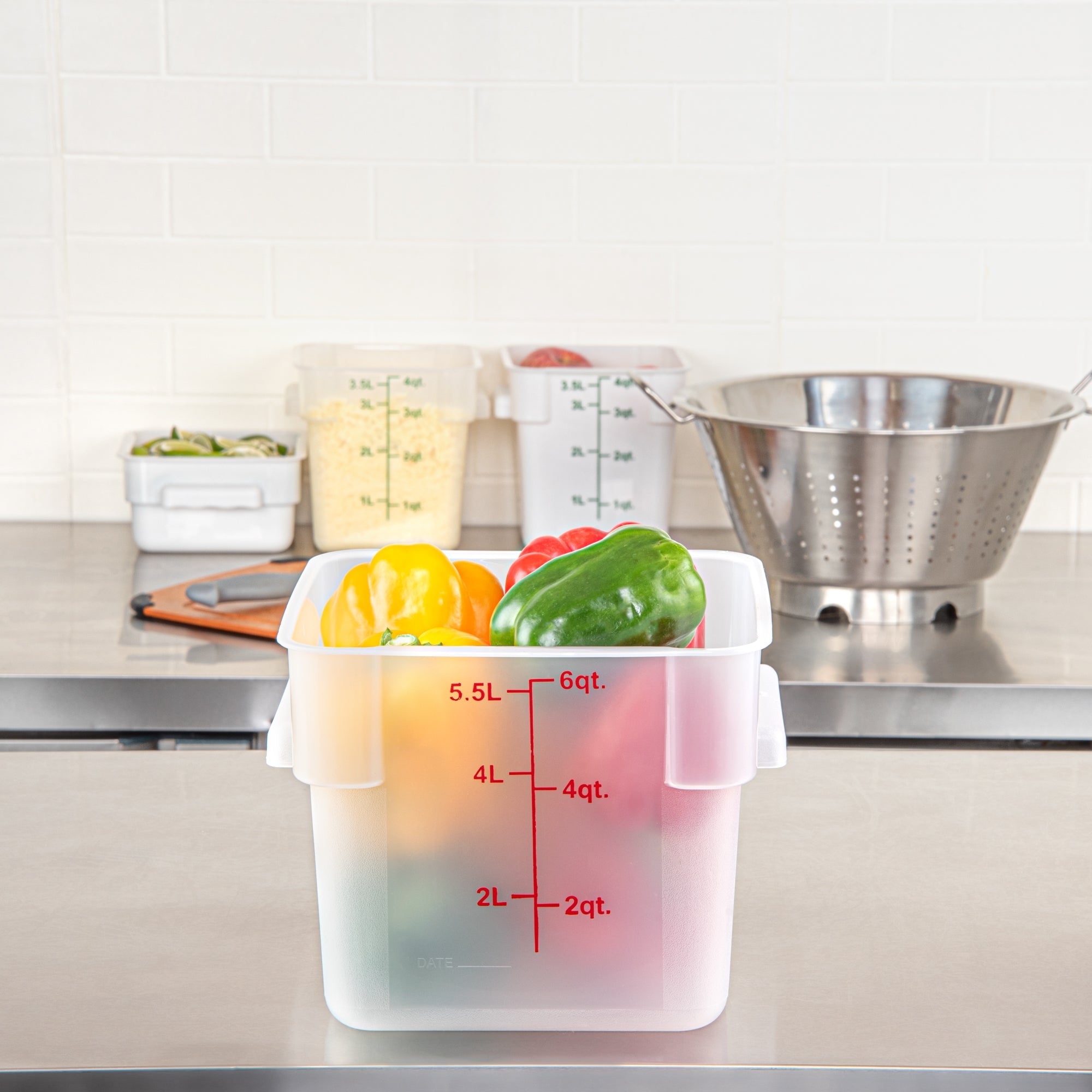 Met Lux 6 qt Square Translucent Plastic Food Storage Container - with Red Volume Markers - 9" x 9" x 7 1/2" - 1 count box