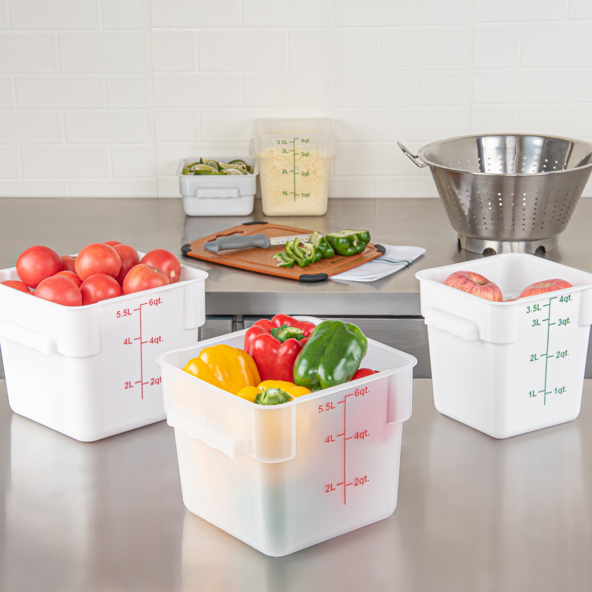 Met Lux 6 qt Square Translucent Plastic Food Storage Container - with Red Volume Markers - 9" x 9" x 7 1/2" - 10 count box