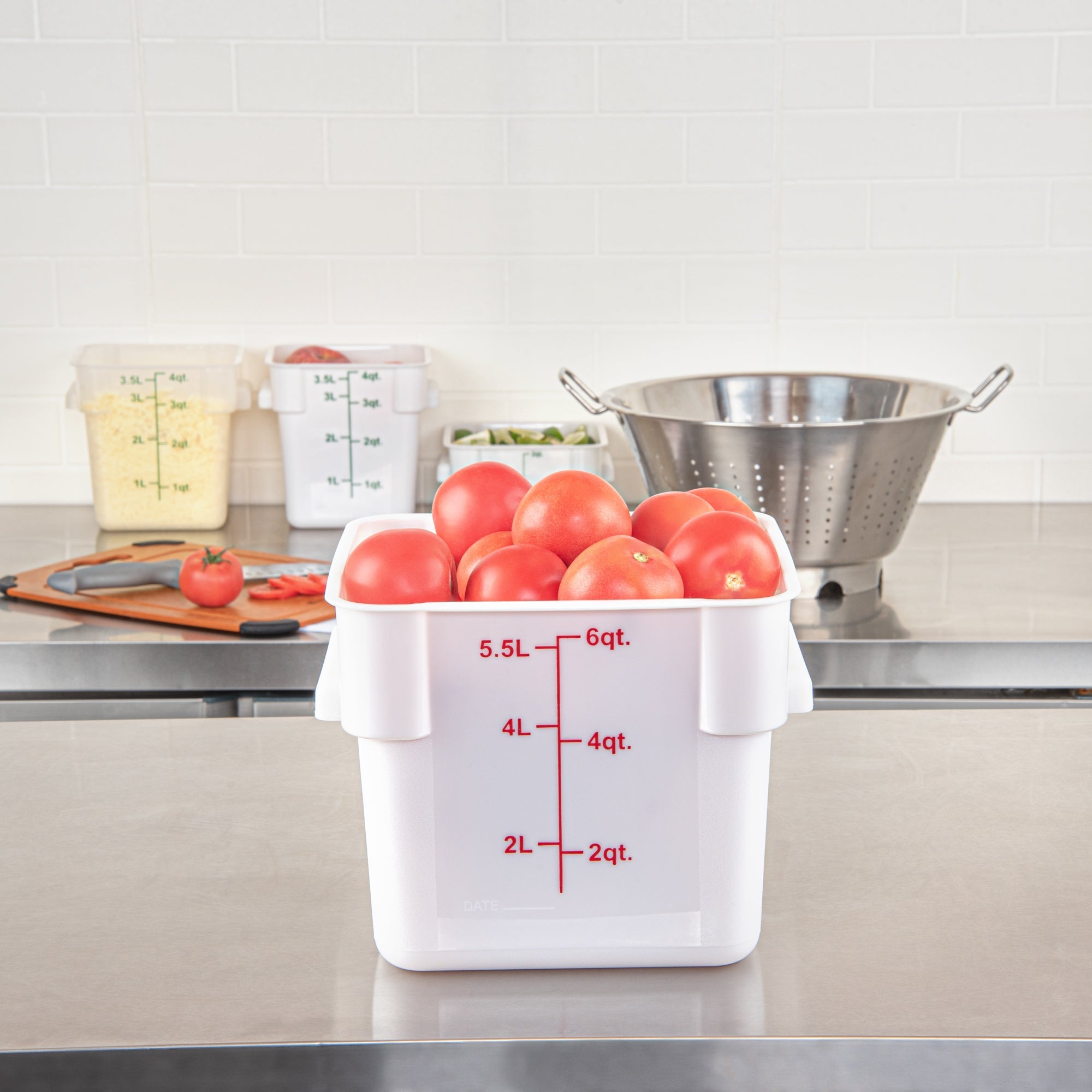 Met Lux 6 qt Square White Plastic Food Storage Container - with Red Volume Markers - 9" x 9" x 7 1/2" - 1 count box