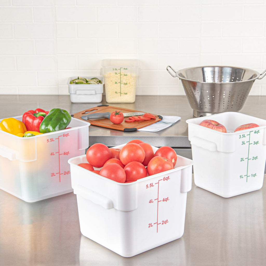 Met Lux 6 qt Square White Plastic Food Storage Container - with Red Volume Markers - 9" x 9" x 7 1/2" - 1 count box