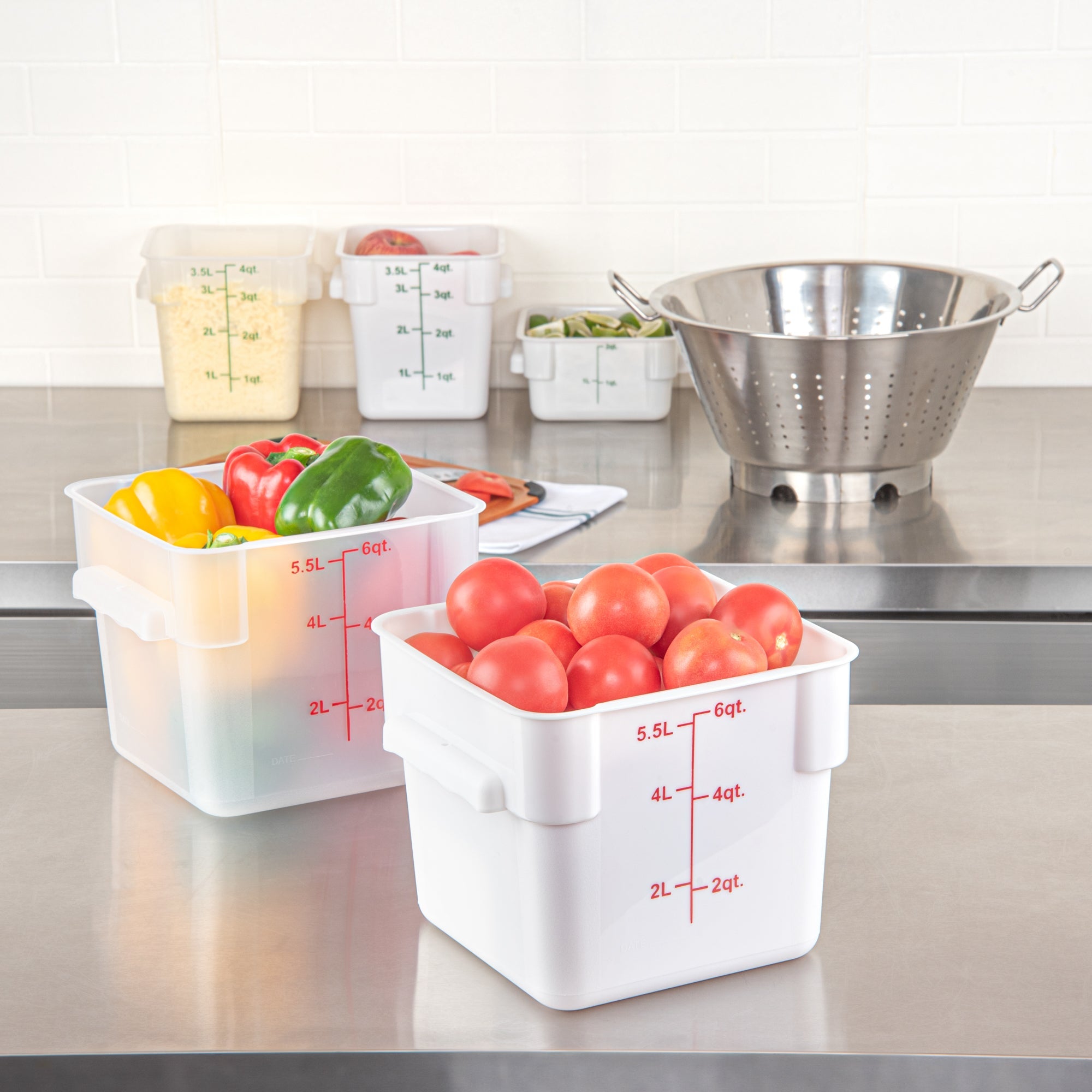 Met Lux 6 qt Square White Plastic Food Storage Container - with Red Volume Markers - 9" x 9" x 7 1/2" - 10 count box