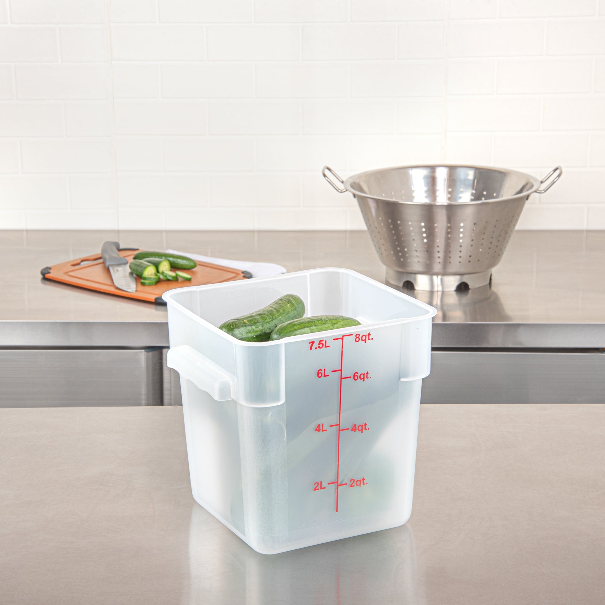 Met Lux 8 qt Square Translucent Plastic Food Storage Container - with Red Volume Markers - 8 3/4" x 8 3/4" x 8 1/2" - 1 count box