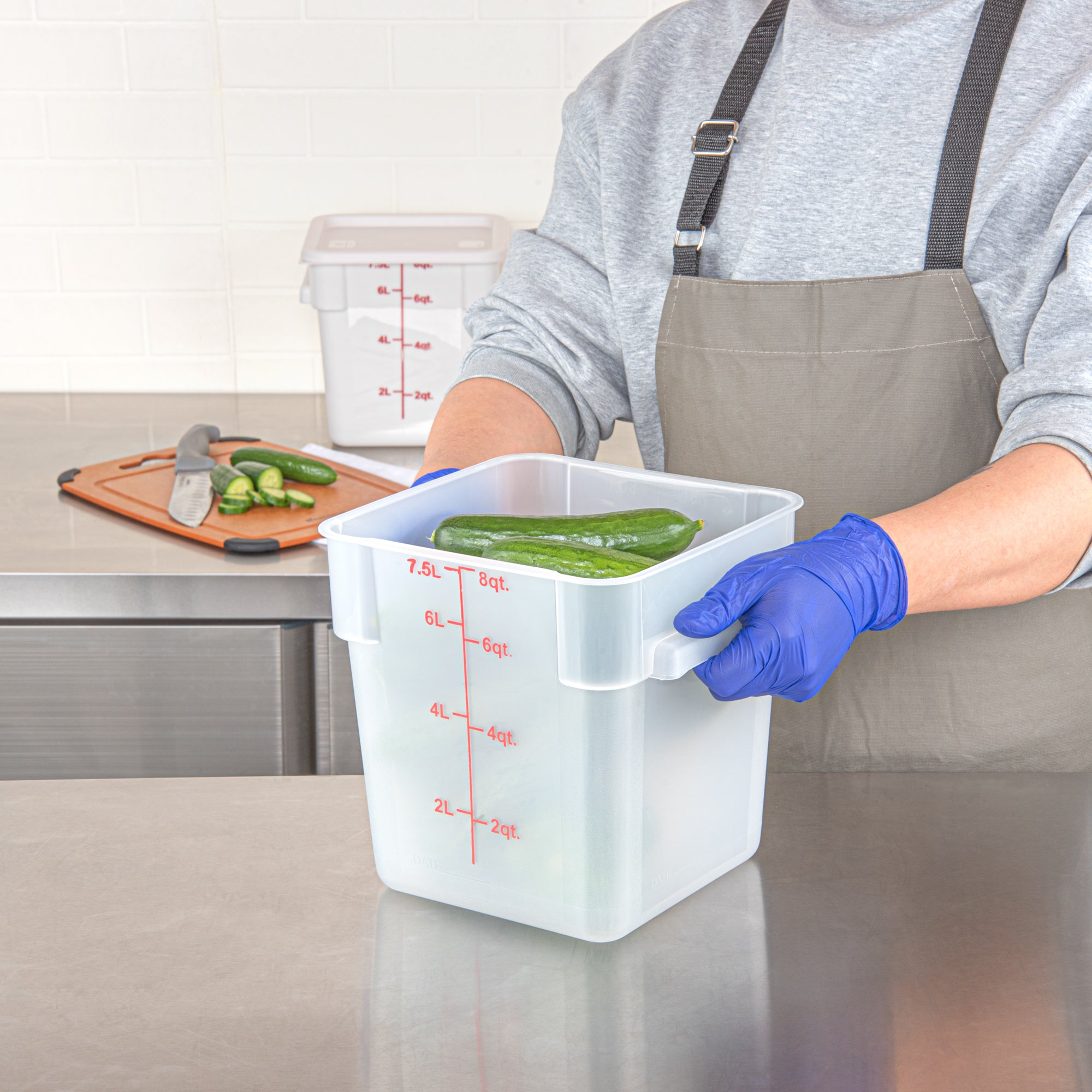 Met Lux 8 qt Square Translucent Plastic Food Storage Container - with Red Volume Markers - 8 3/4" x 8 3/4" x 8 1/2" - 10 count box
