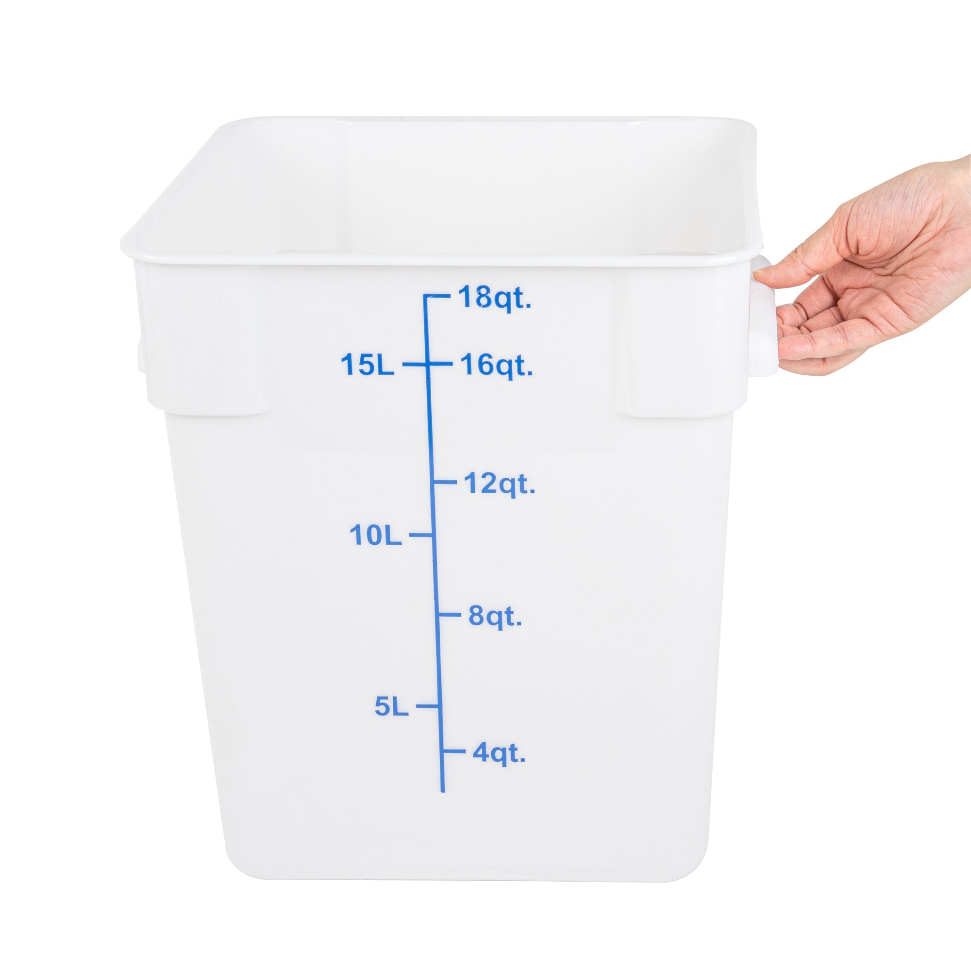 Met Lux 18 qt Square White Plastic Food Storage Container - with Blue Volume Markers - 11" x 11" x 12 1/2" - 1 count box