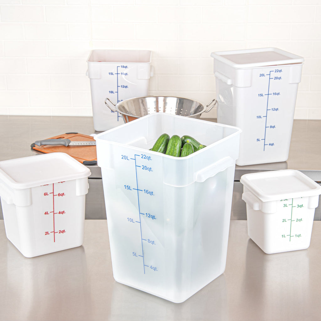 Met Lux 22 qt Square Translucent Plastic Food Storage Container - with Blue Volume Markers - 11" x 11" x 15 1/2" - 1 count box