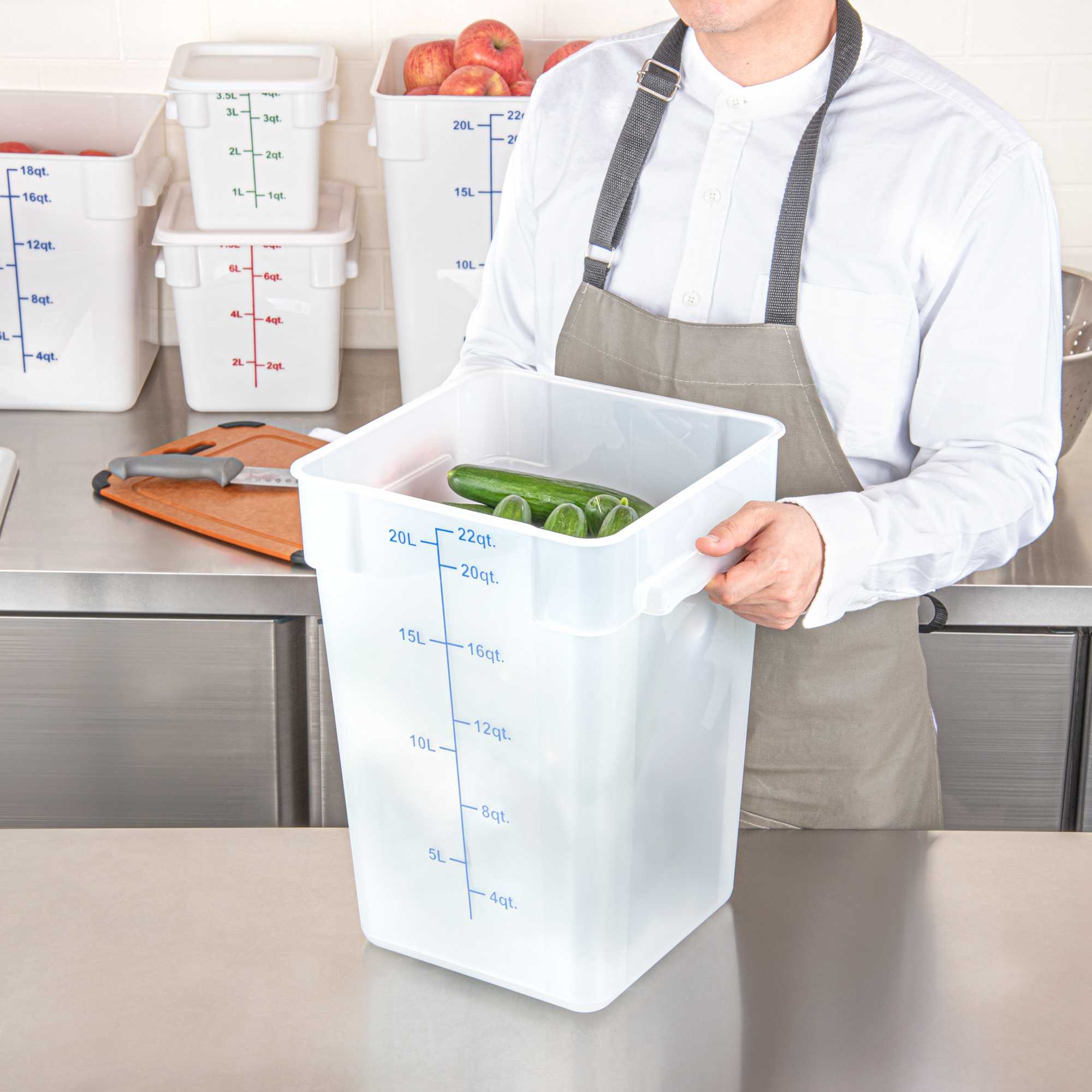 Met Lux 22 qt Square Translucent Plastic Food Storage Container - with Blue Volume Markers - 11" x 11" x 15 1/2" - 10 count box