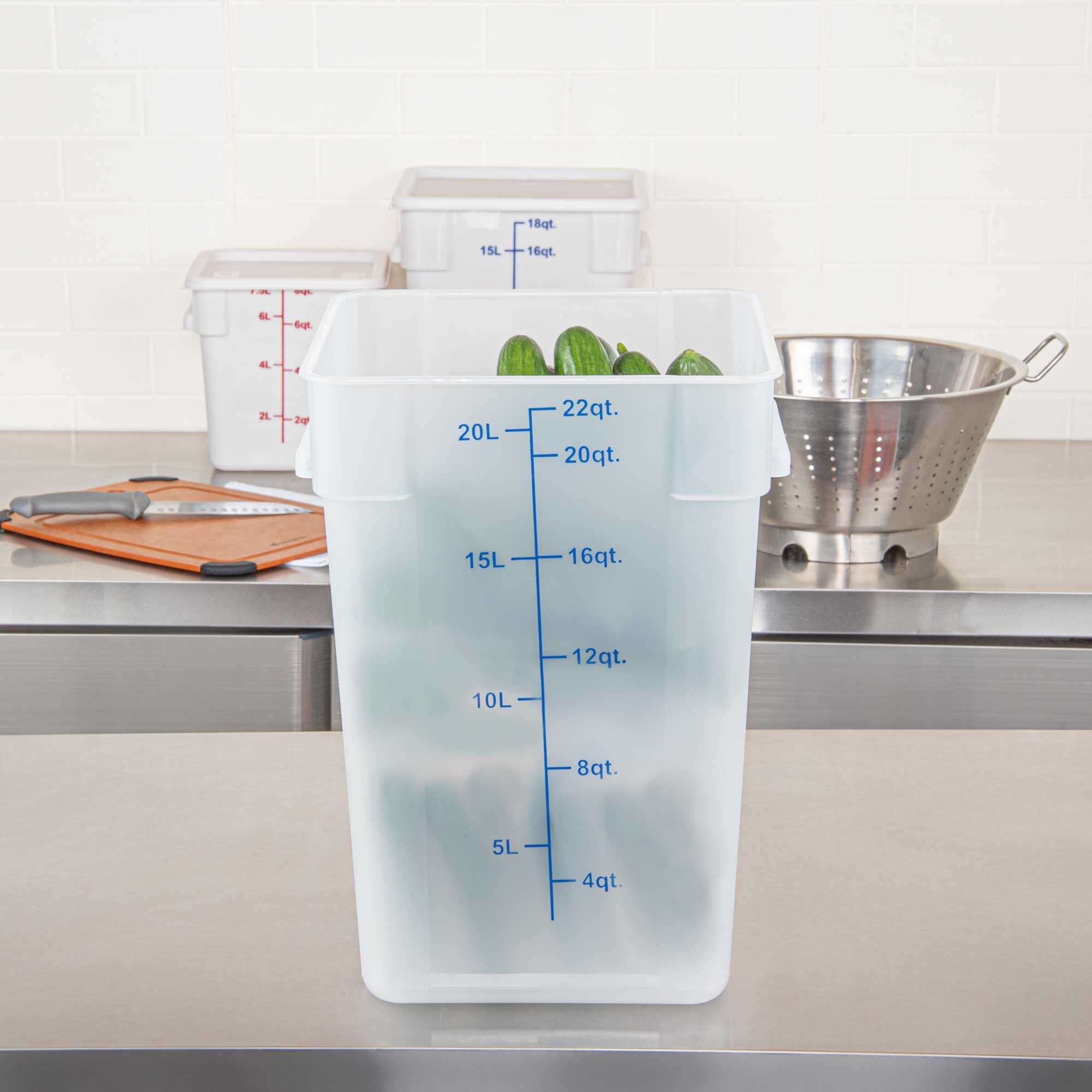 Met Lux 22 qt Square Translucent Plastic Food Storage Container - with Blue Volume Markers - 11" x 11" x 15 1/2" - 10 count box