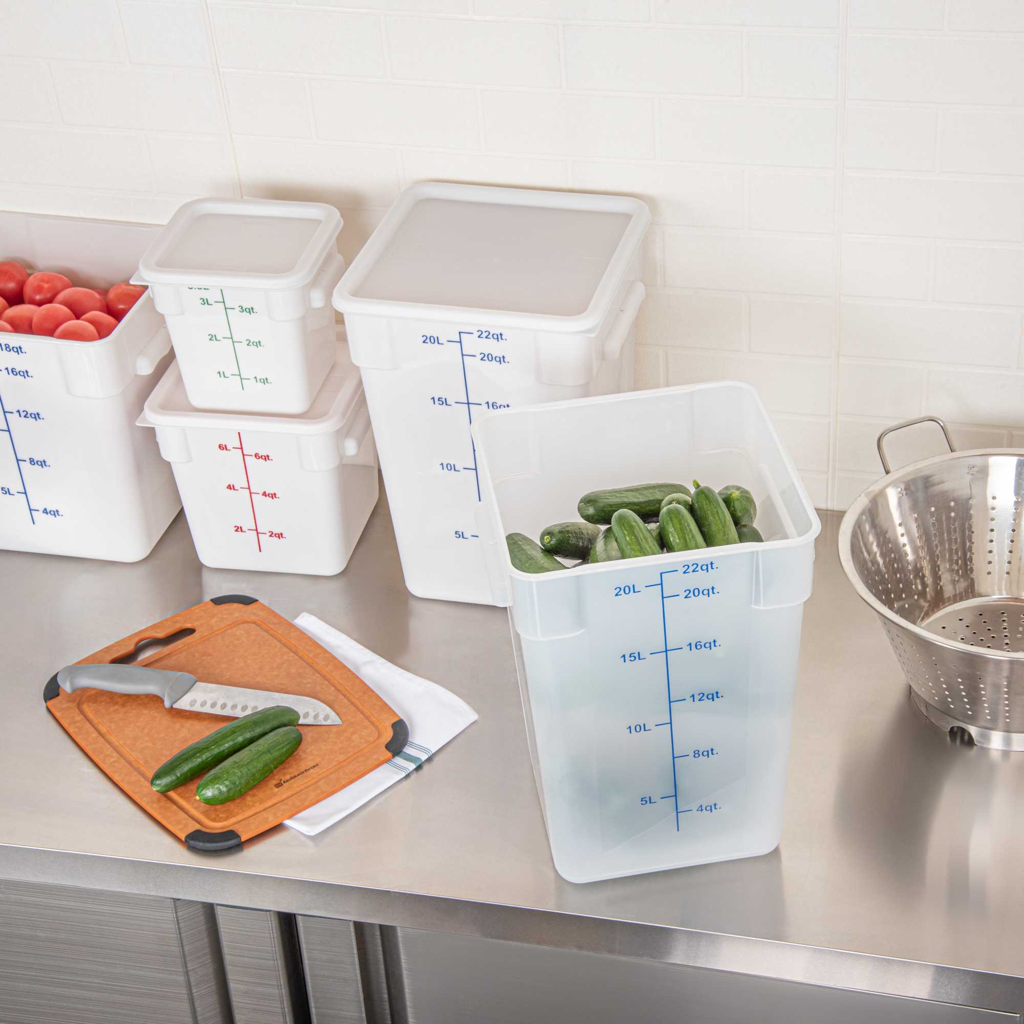 Met Lux 22 qt Square Translucent Plastic Food Storage Container - with Blue Volume Markers - 11" x 11" x 15 1/2" - 10 count box