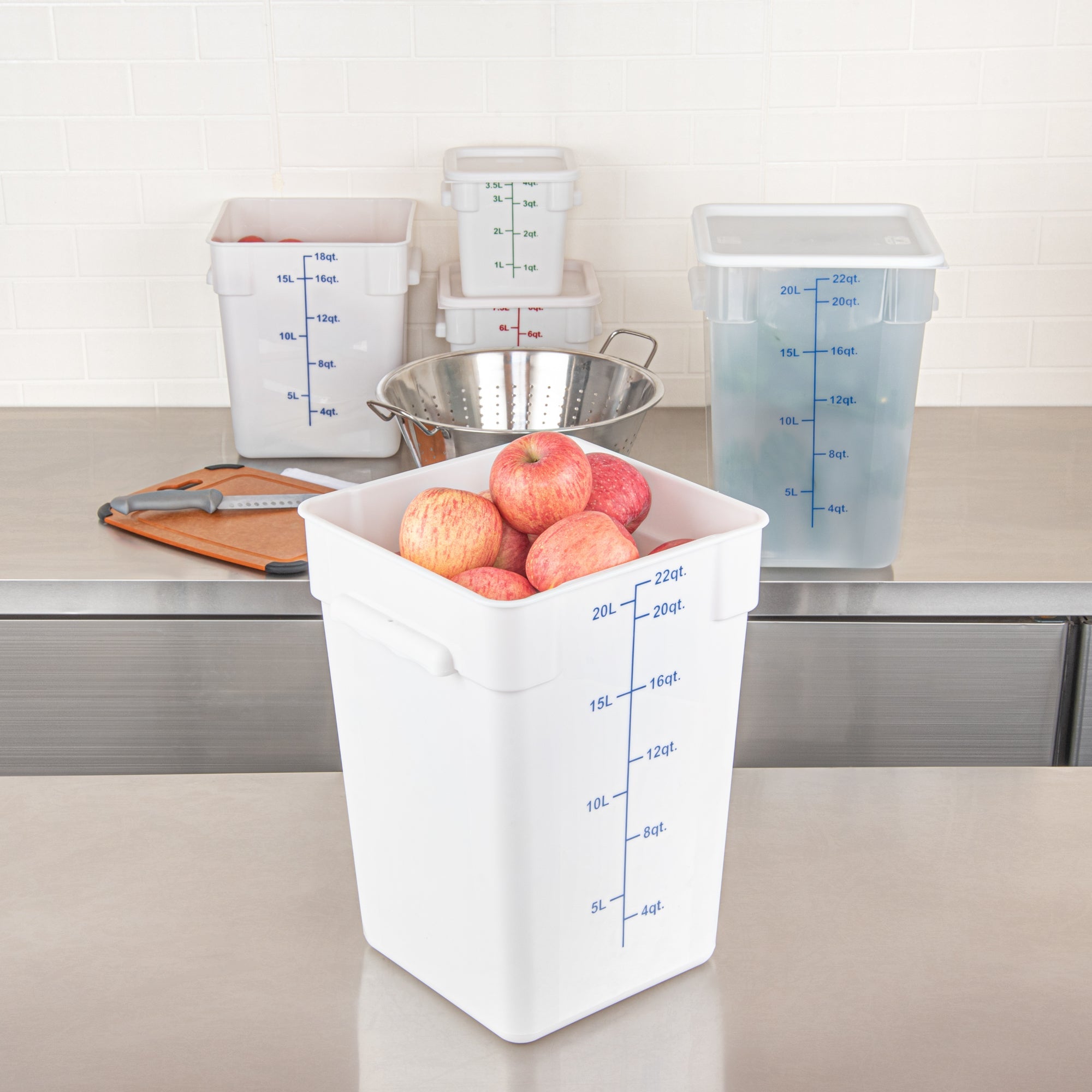 Met Lux 22 qt Square White Plastic Food Storage Container - with Blue Volume Markers - 11" x 11" x 15 1/2" - 1 count box