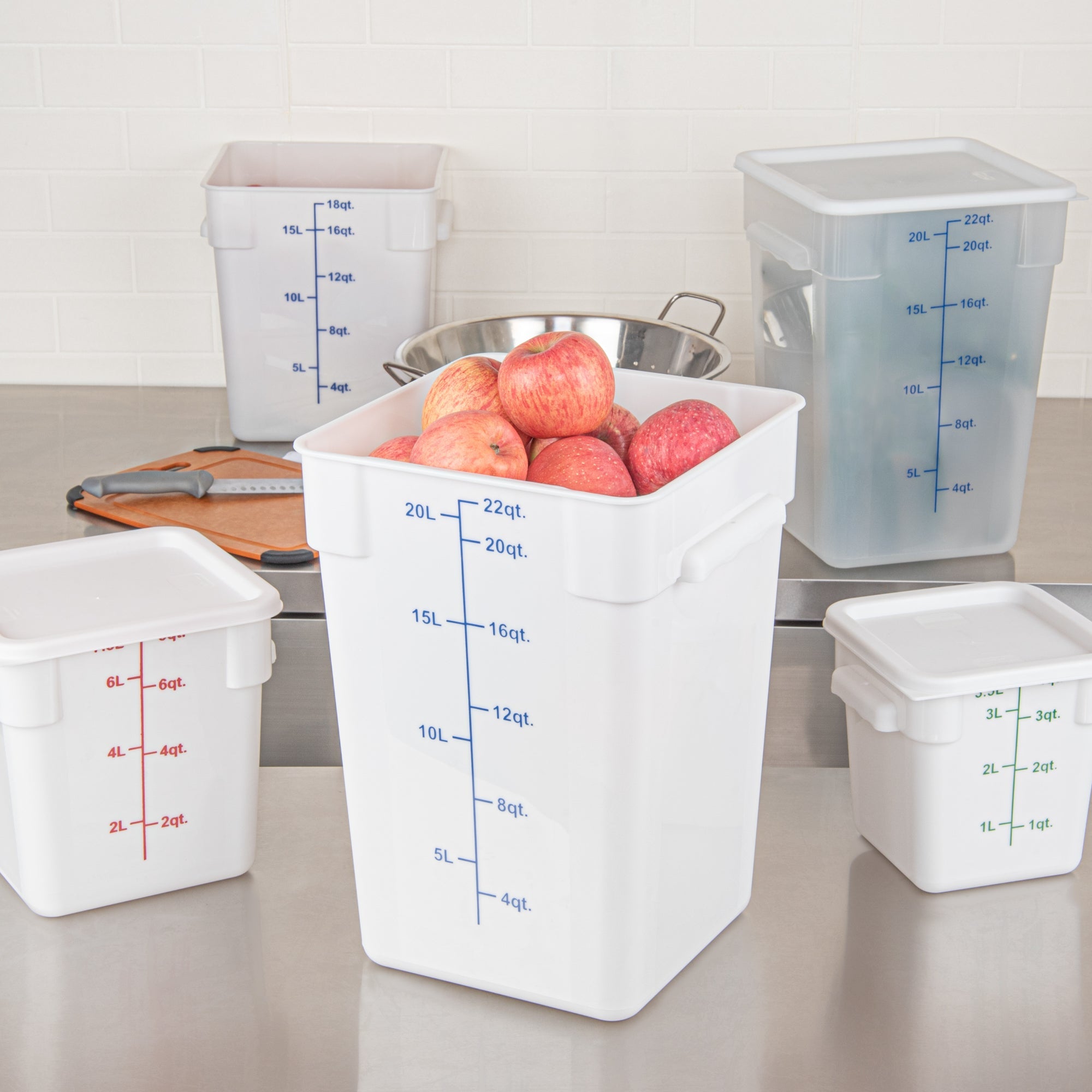Met Lux 22 qt Square White Plastic Food Storage Container - with Blue Volume Markers - 11" x 11" x 15 1/2" - 10 count box
