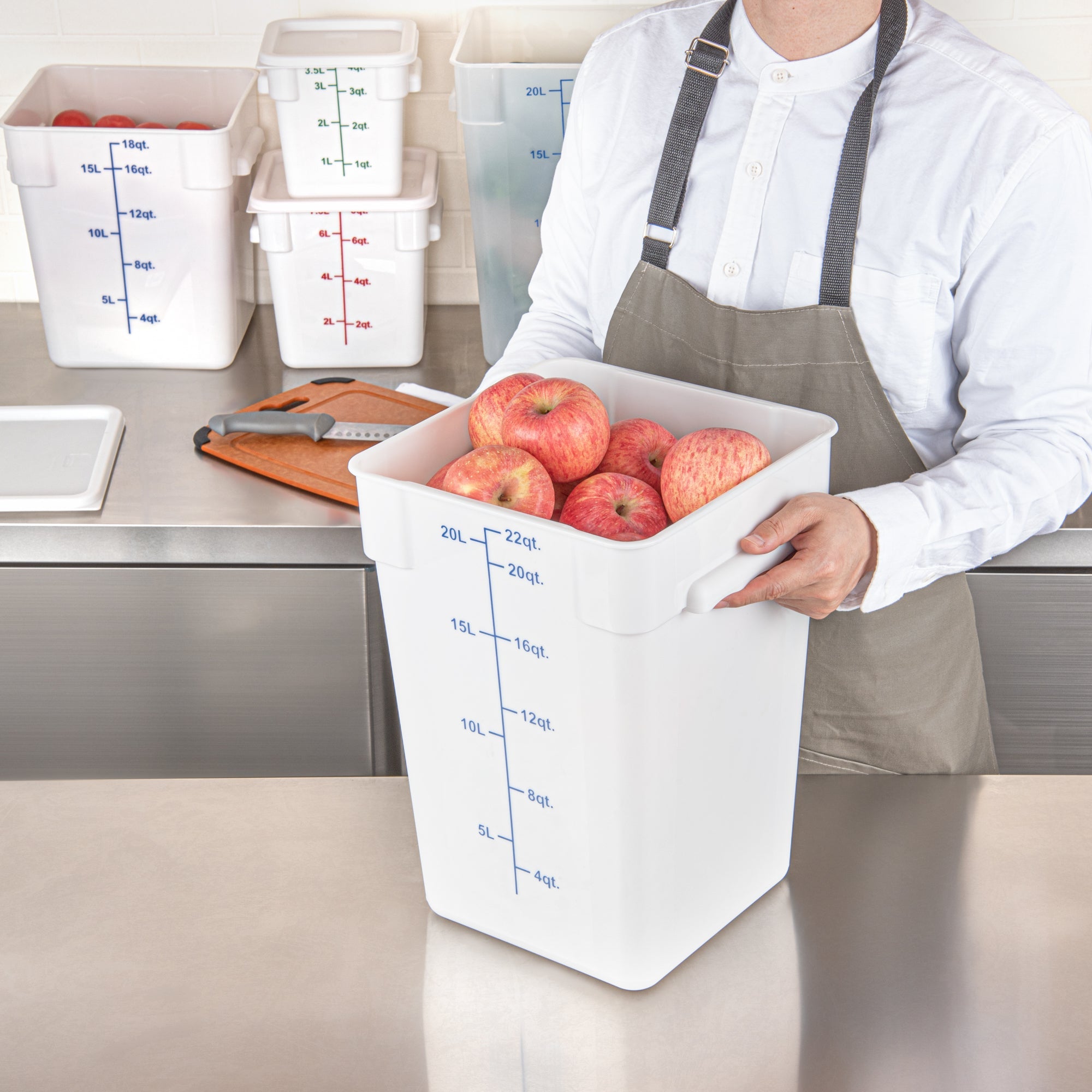 Met Lux 22 qt Square White Plastic Food Storage Container - with Blue Volume Markers - 11" x 11" x 15 1/2" - 10 count box
