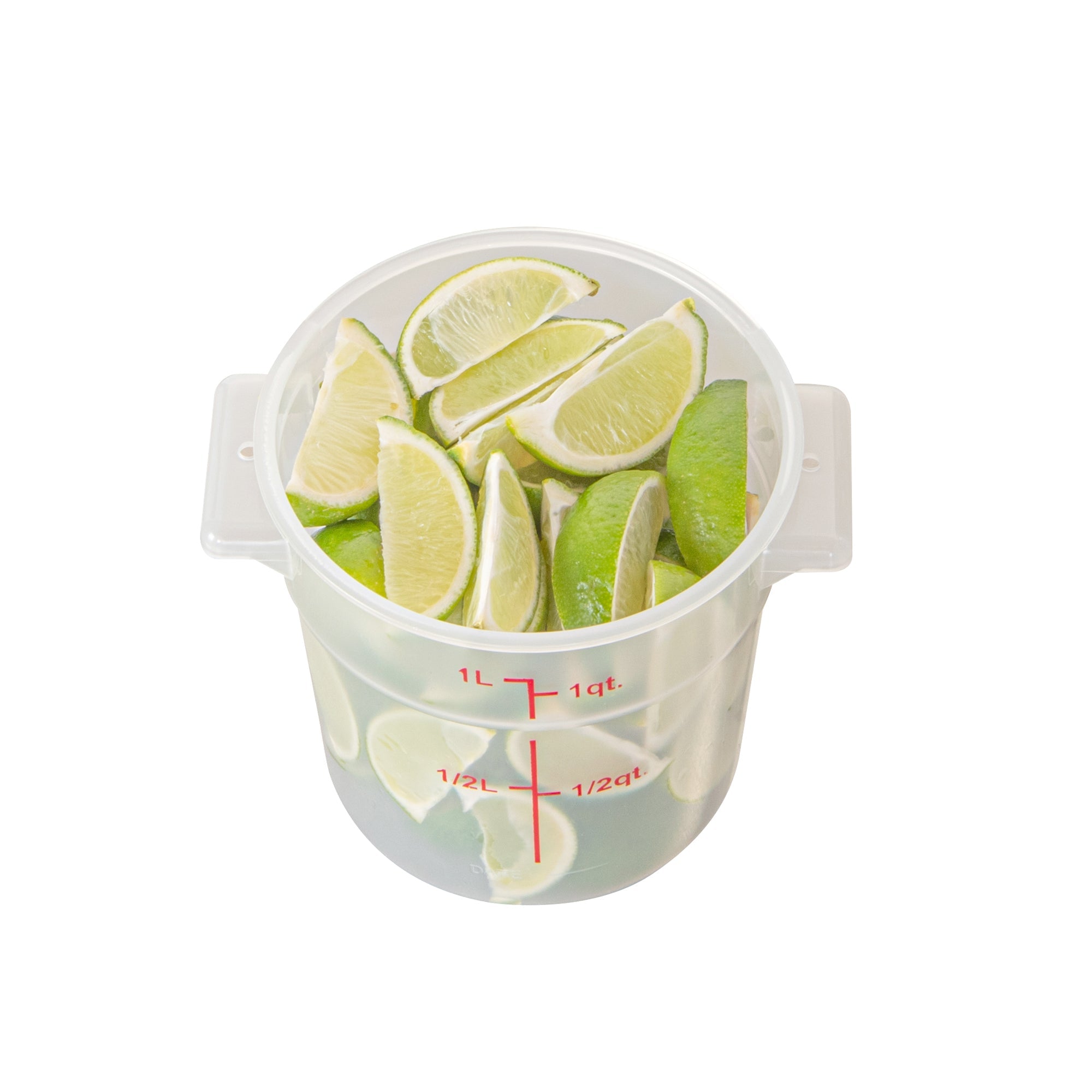 Met Lux 1 qt Round Translucent Plastic Food Storage Container - with Red Volume Markers - 5" x 5" x 5" - 1 count box