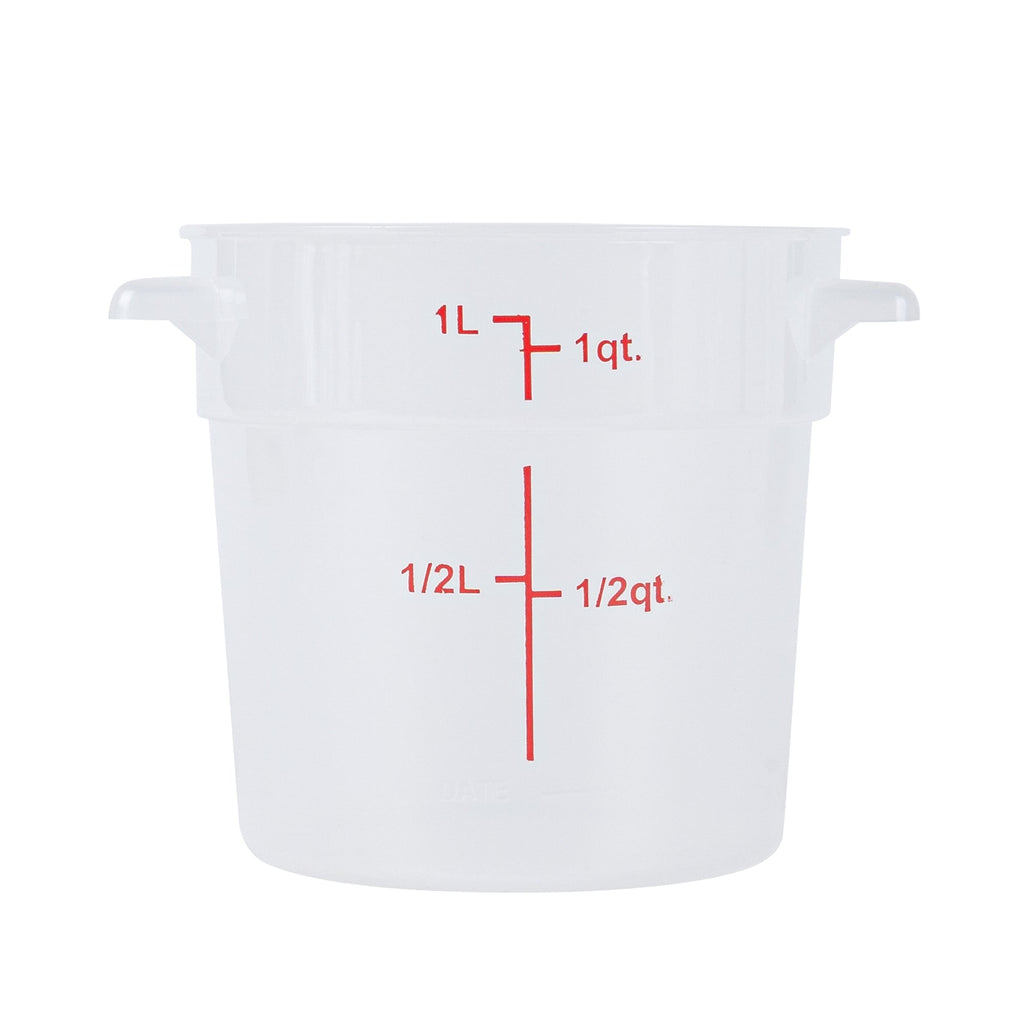Met Lux 1 qt Round Translucent Plastic Food Storage Container - with Red Volume Markers - 5" x 5" x 5" - 1 count box