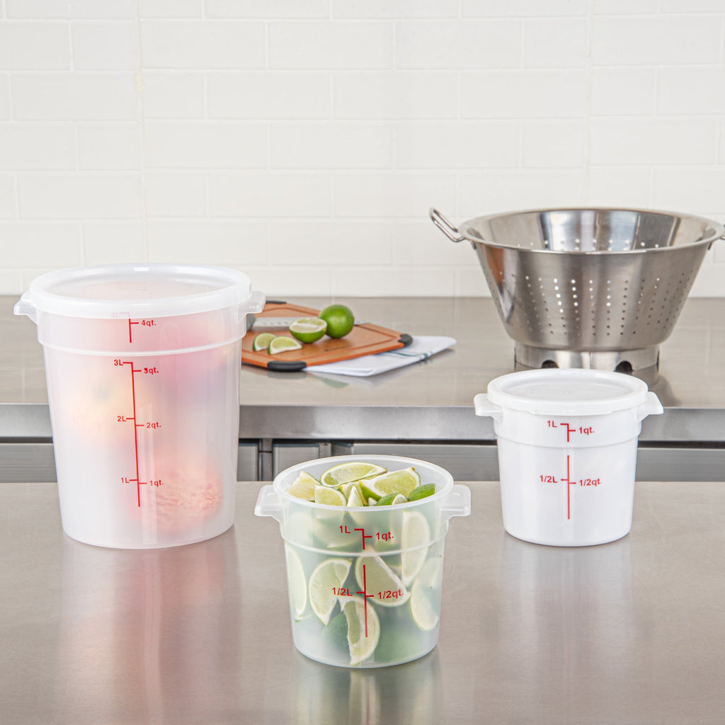 Met Lux 1 qt Round Translucent Plastic Food Storage Container - with Red Volume Markers - 5" x 5" x 5" - 1 count box